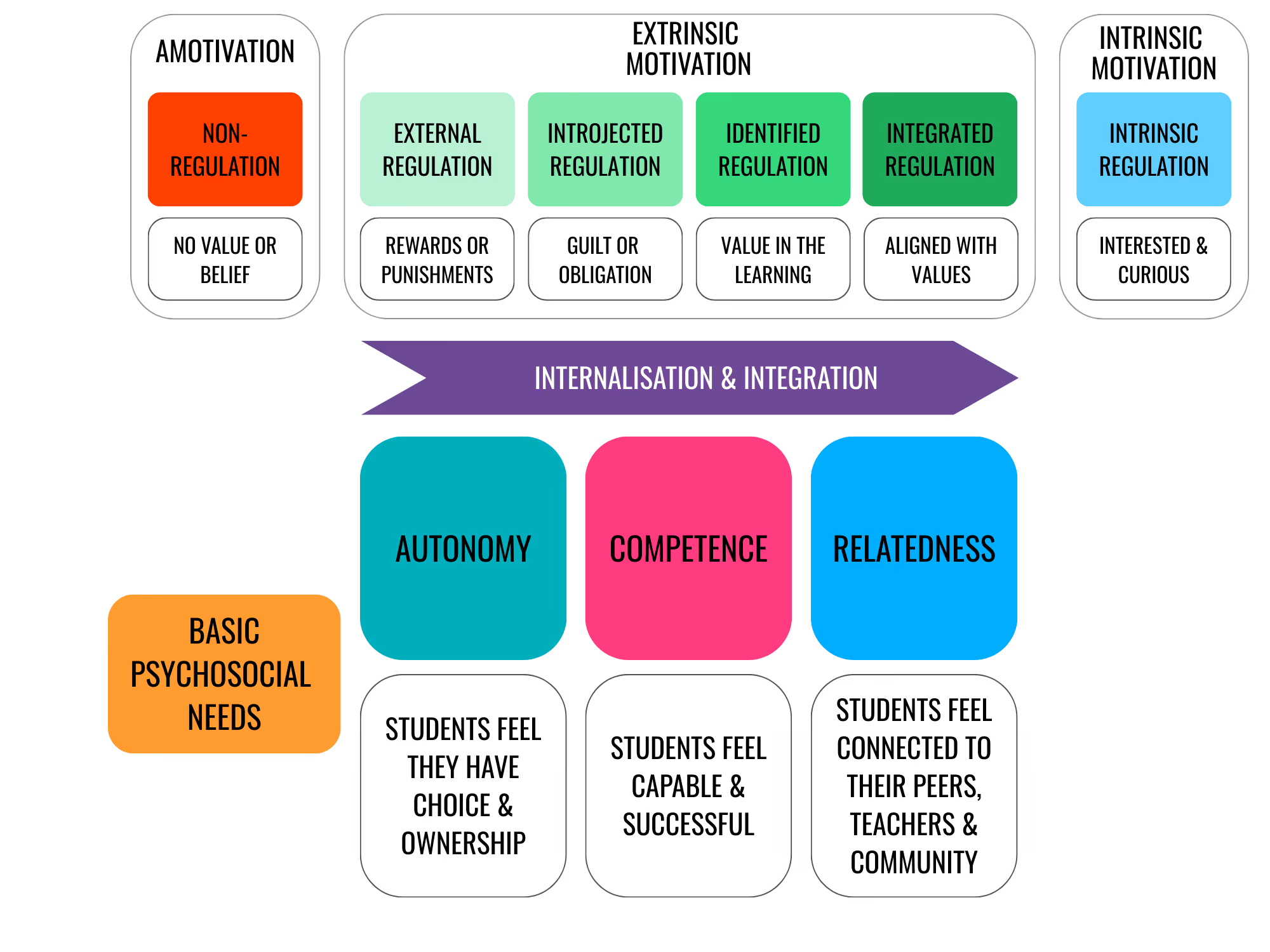 A comprehensive diagram explaining different types of motivation from Amotivation to Intrinsic Motivation, and highlighting the three basic psychological needs of Autonomy, Competence, and Relatedness.
