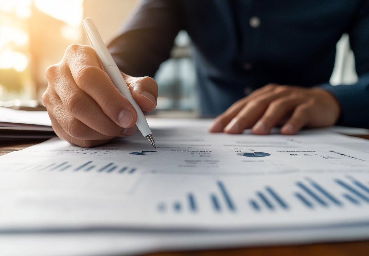 Person reviewing indicator charts with a pen