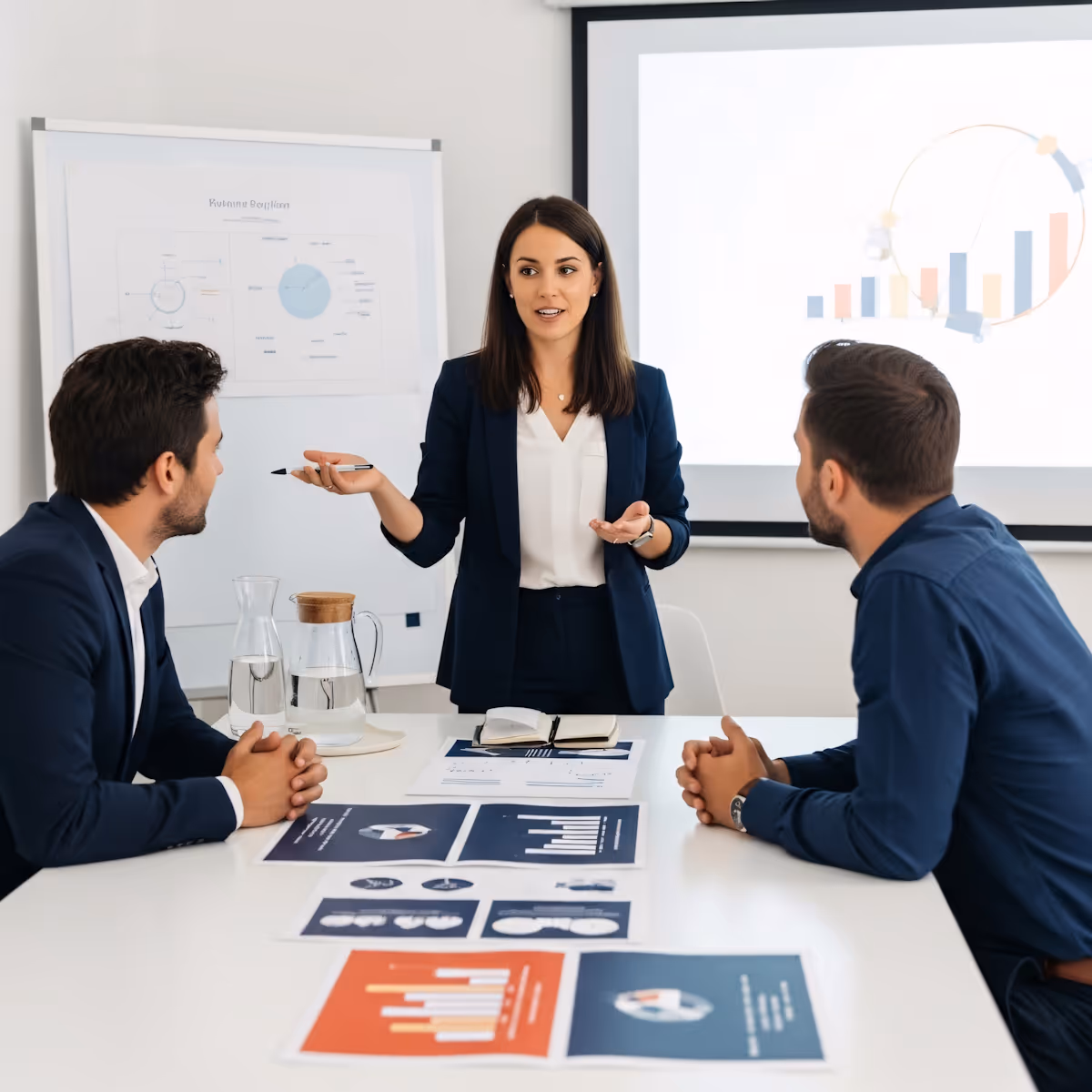 Professional presenting data to her team in a meeting