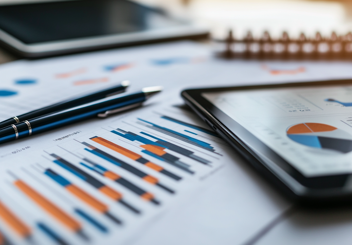 Reports with indicator charts and a tablet on a desk
