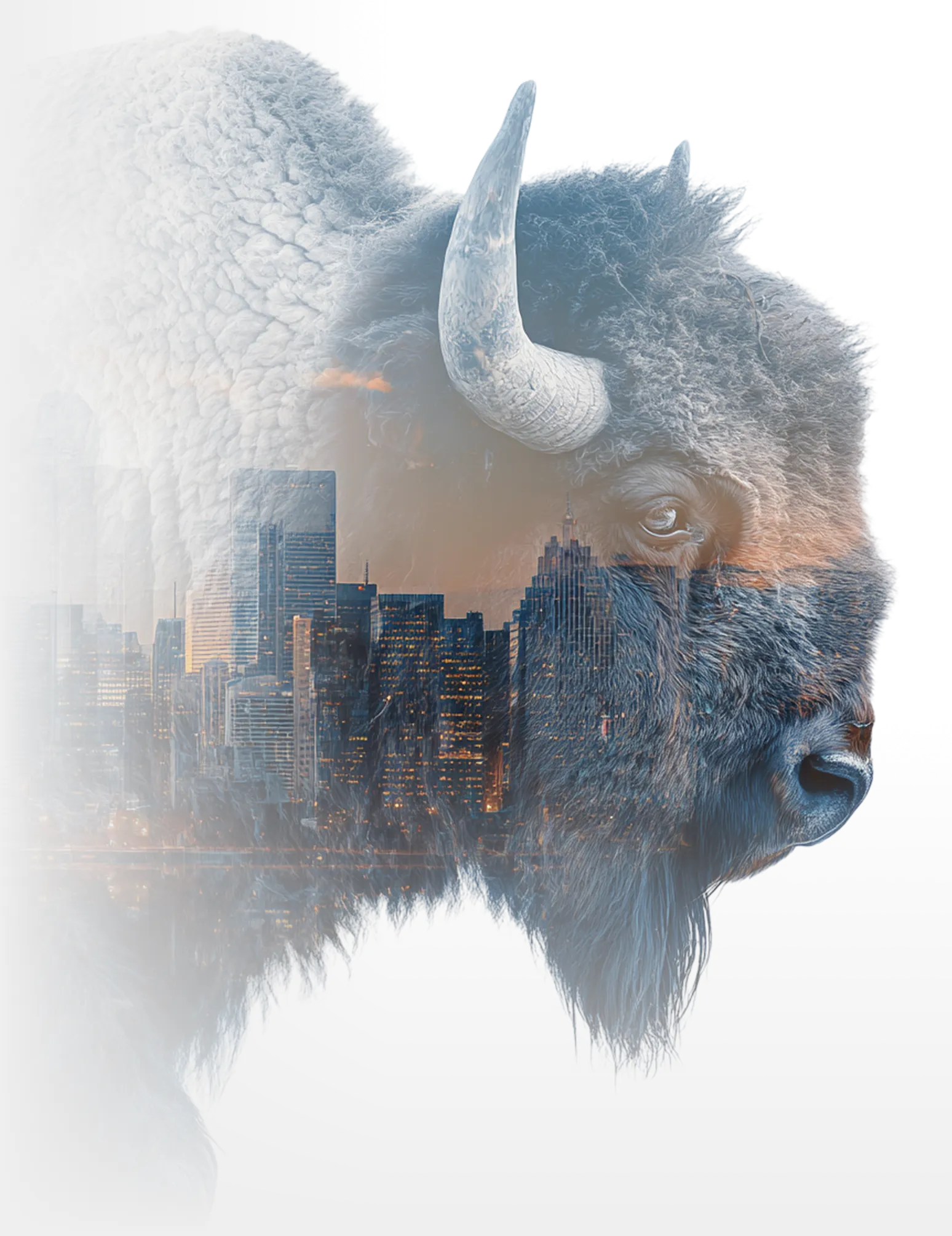 Double exposure of a bison and the New York City skyline at sunset