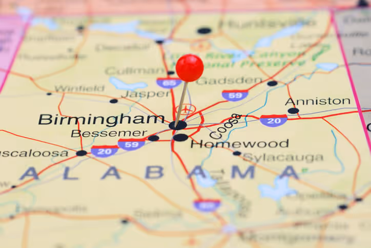 Birmingham map with marker in the center of the map
