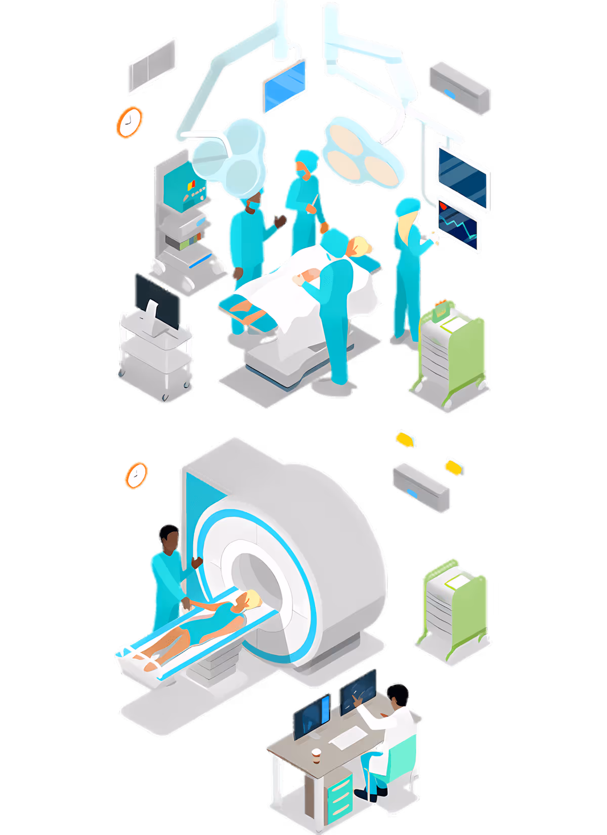 hospital scene showing surgery and MRI procedures with medical staff and equipment - illustration