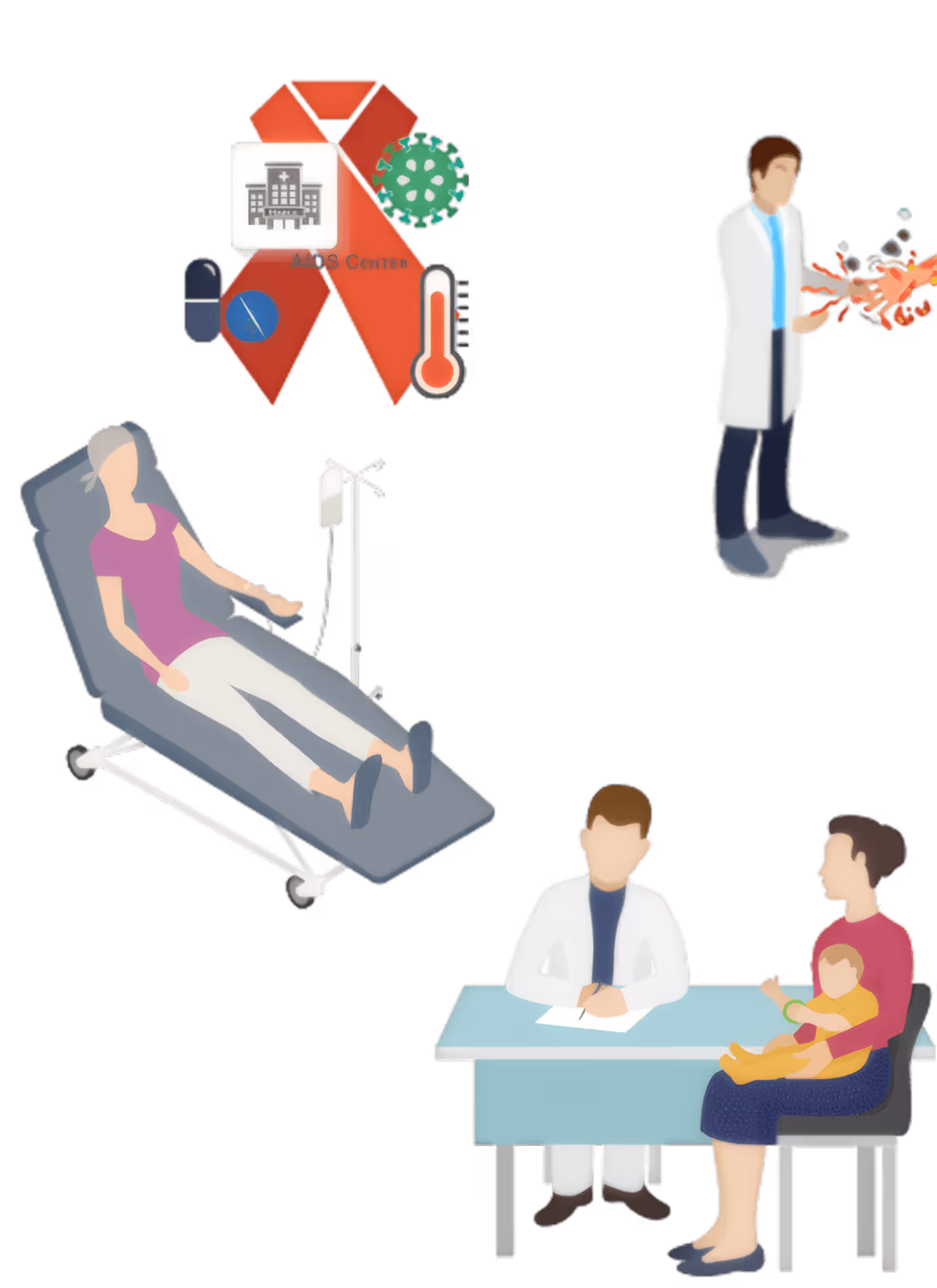 HIV/AIDS care with medical staff, patient treatment, and consultation - illustration