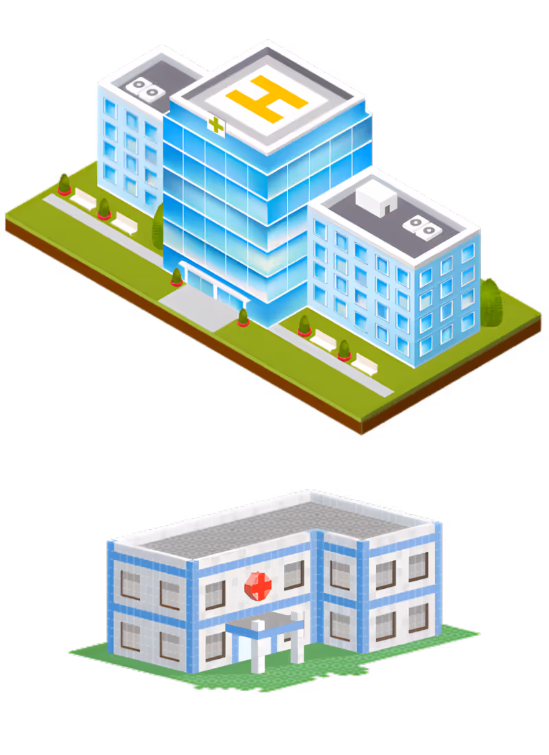 Illustration of two hospitals, one large and one small.