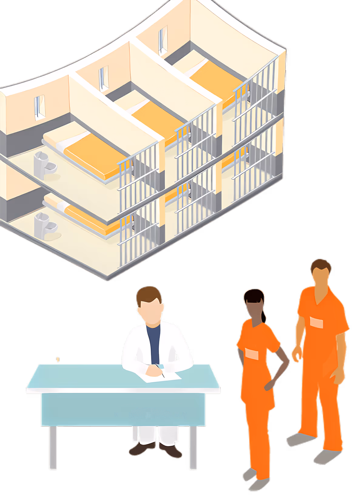 prison cells, inmates, and a medical professional - illustration