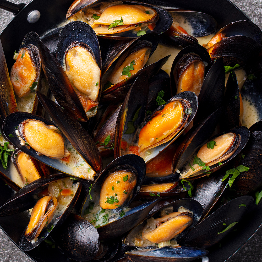A plated image of cooked blue mussels