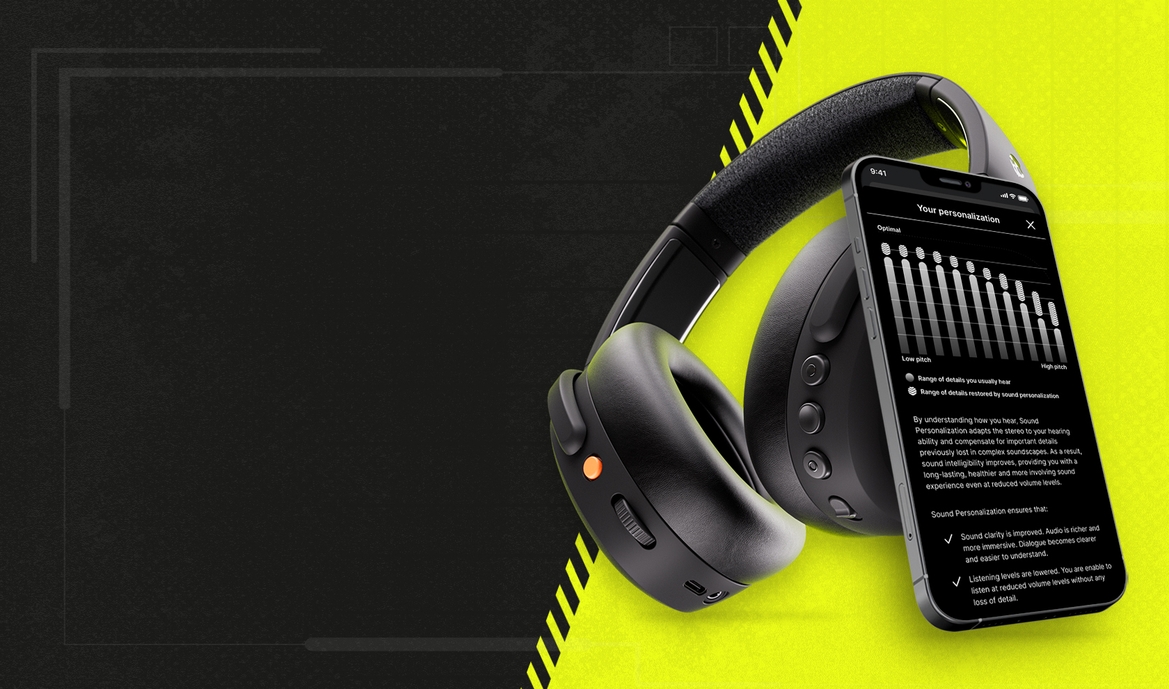 Skullcandy Crusher ANC Headphones with Smartphone open to SkullIQ App