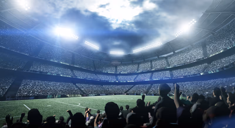 Fans in an imaginary stadium. An imaginary stadium was modelled and rendered.