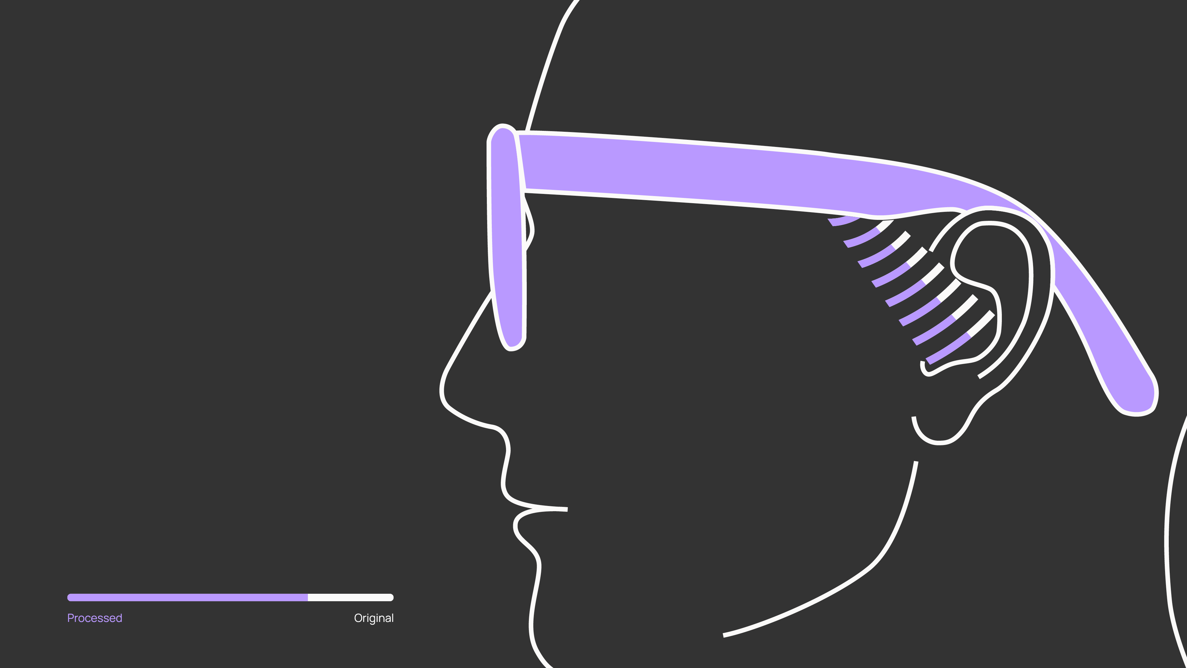Illustration showing Noise Adapt technology improving audio clarity for open-ear devices by reducing surrounding noise interference around the ear.