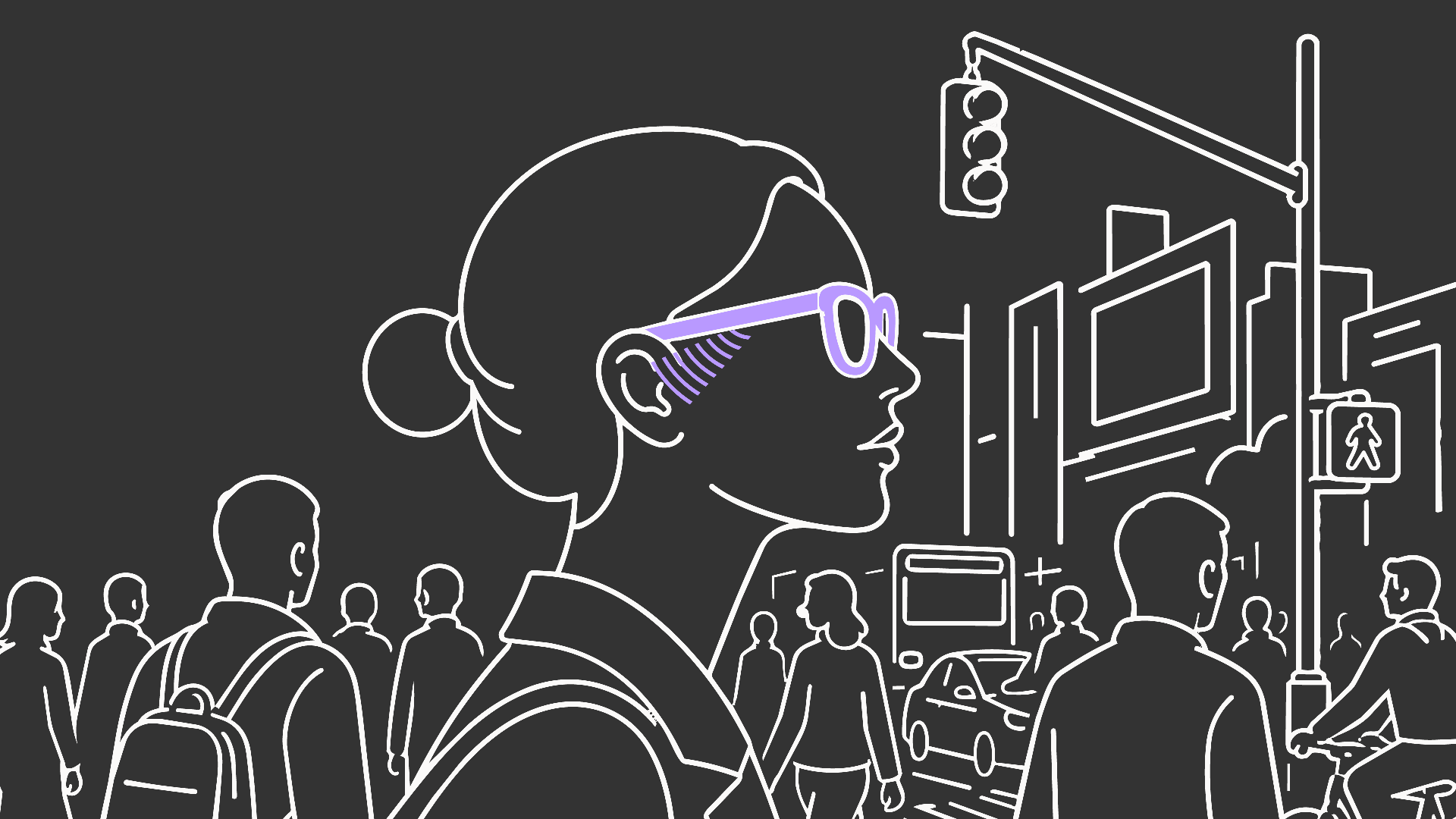Line illustration of a person wearing smart glasses with purple lenses navigating a busy city street surrounded by crowds, traffic, and urban noise