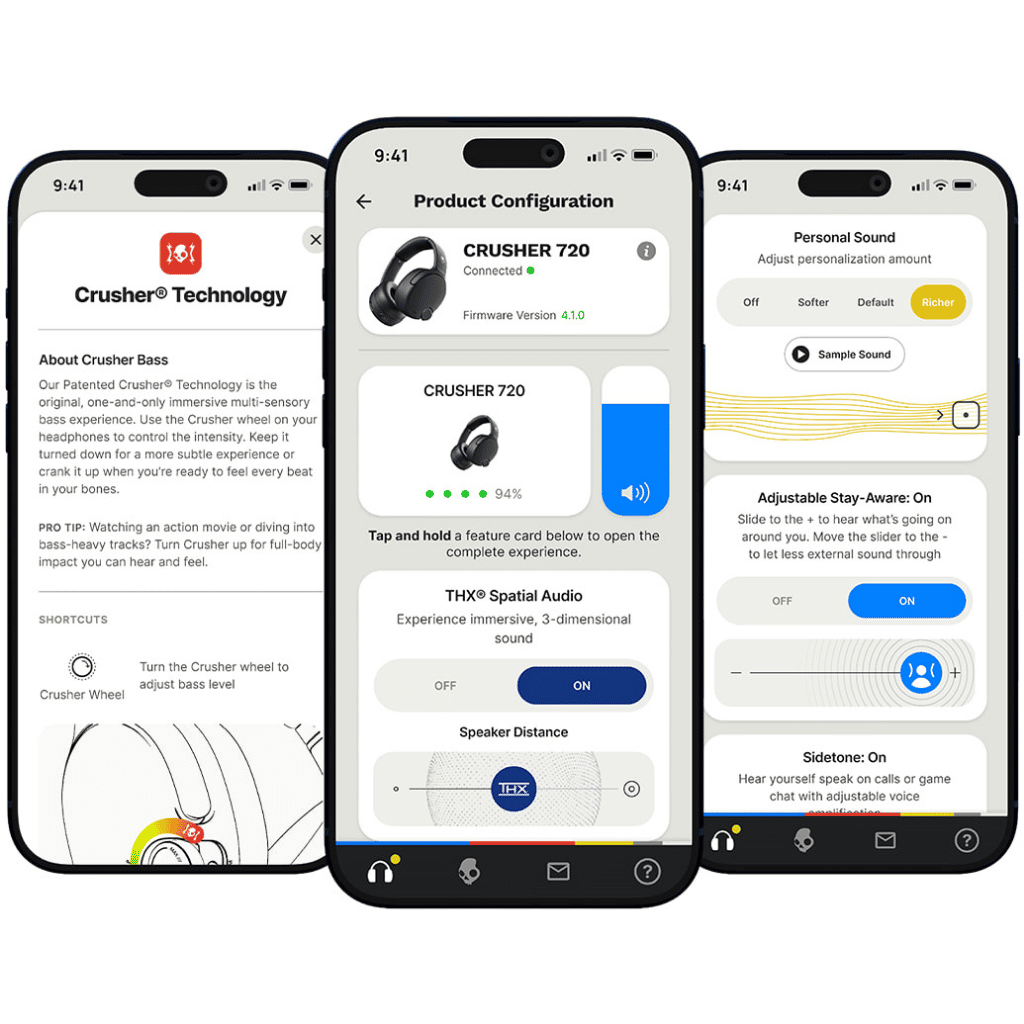 Three phone screens showing the Skullcandy app: Crusher Bass Technology info screen, Crusher 720 product configuration with THX Spatial Audio toggle, and Personal Sound personalization slider.