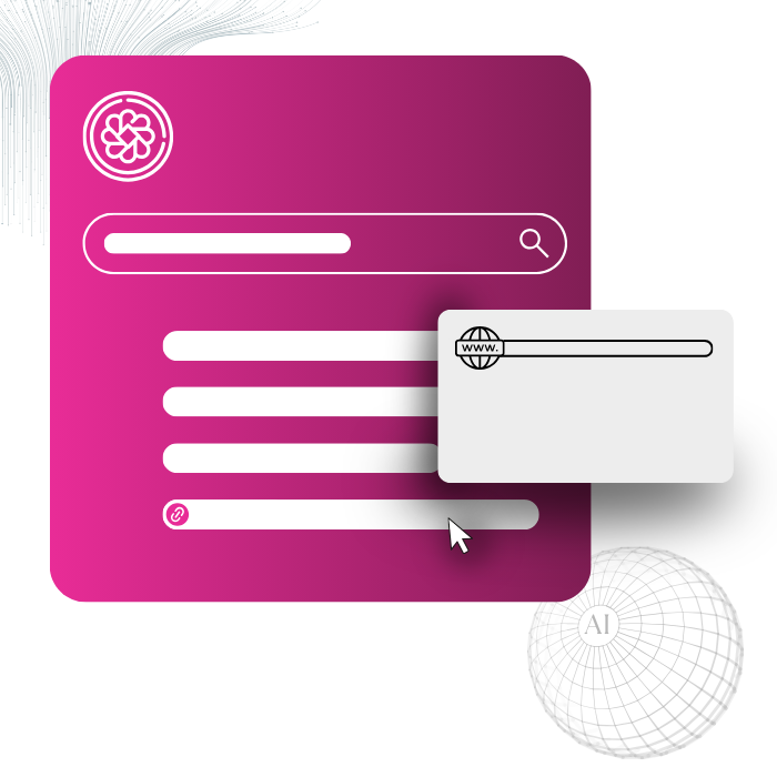 Benutzeroberfläche mit Suchleiste, mehreren Zeilen für Eingaben und einer Popup-Leiste mit URL-Icon, Mauszeiger zeigt auf die unterste Eingabezeile.