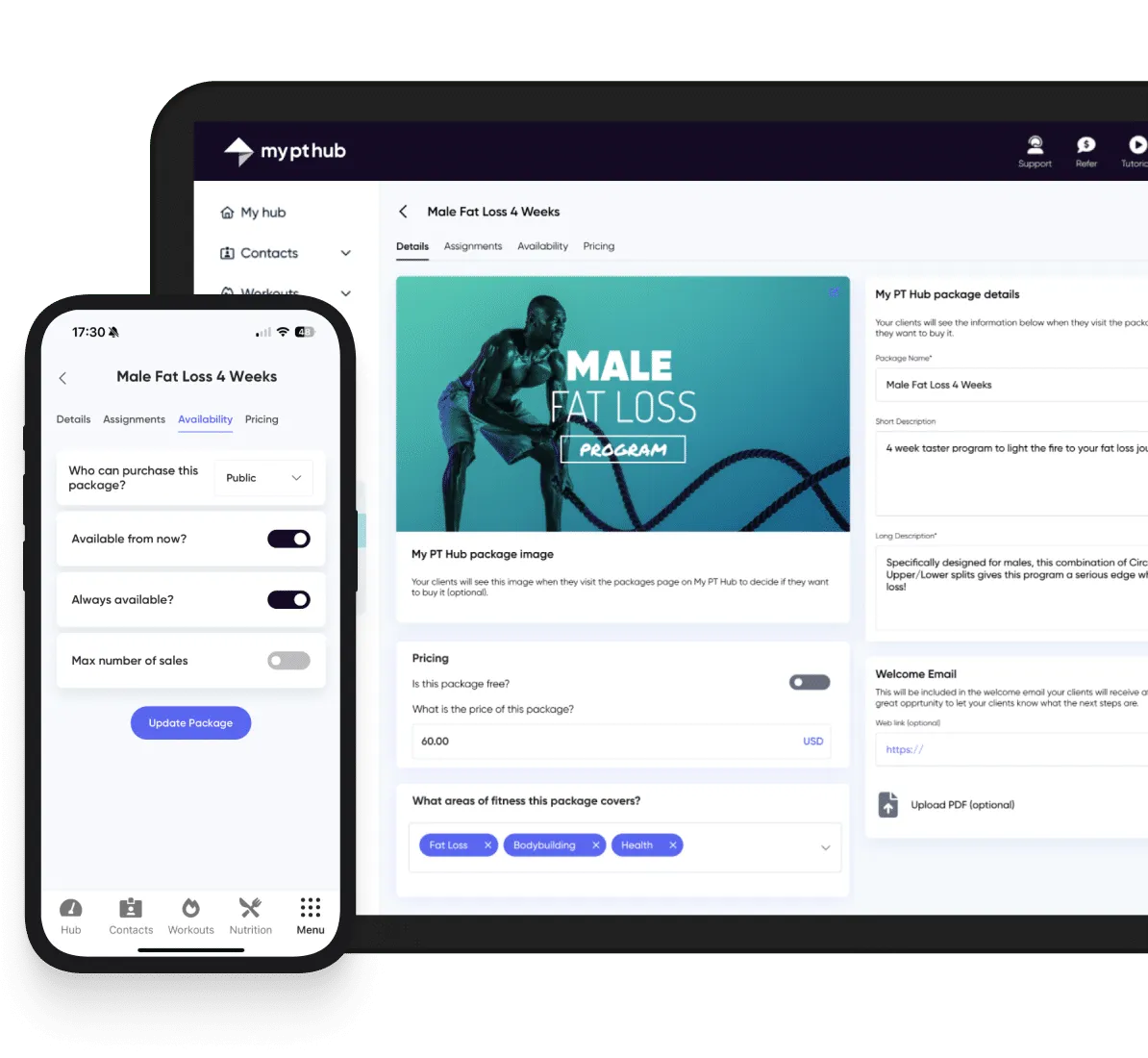A phone and a tablet screen display a "Male Fat Loss 4 Weeks" fitness program interface on My PT Hub. The tablet shows program details and pricing, while the phone focuses on availability settings. Neutral, professional tone.
