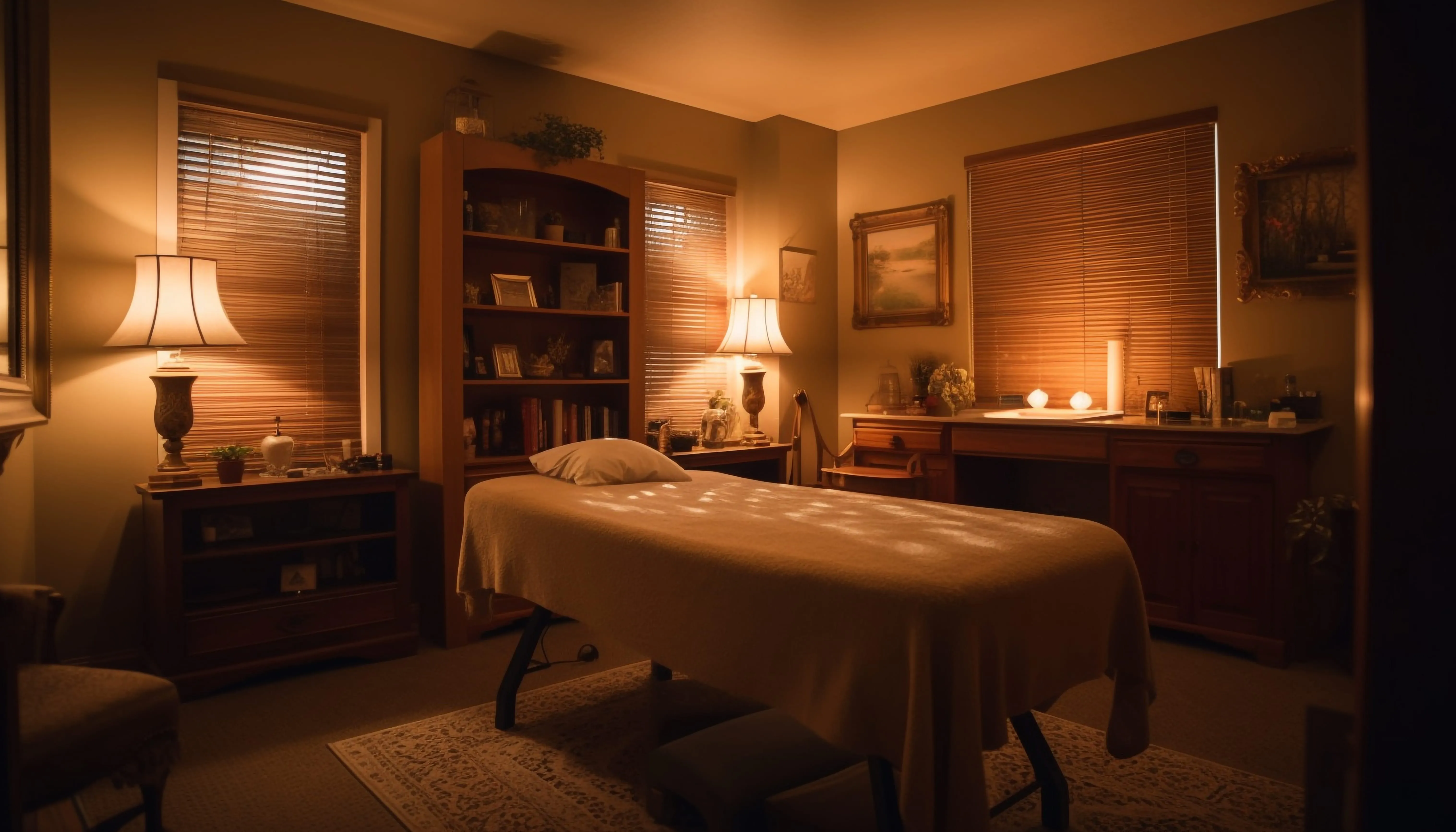 A cozy massage room with warm lighting from table lamps on either side, a massage table with a white sheet, and wooden blinds creating a tranquil ambiance.