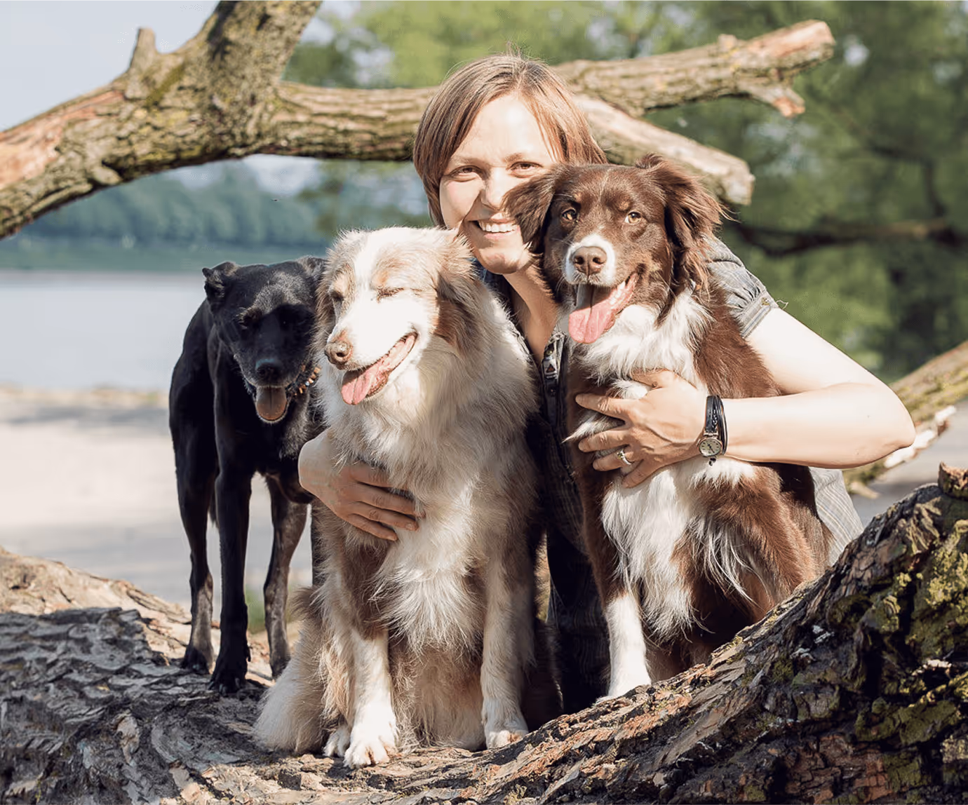 Frau mit zwei Hunden auf Baumstumpf, Portrait