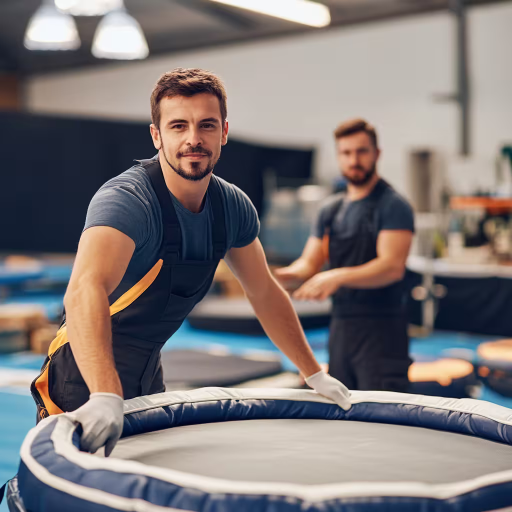 TrampolineInstall.com team installing a large commercial trampoline at a recreational center
