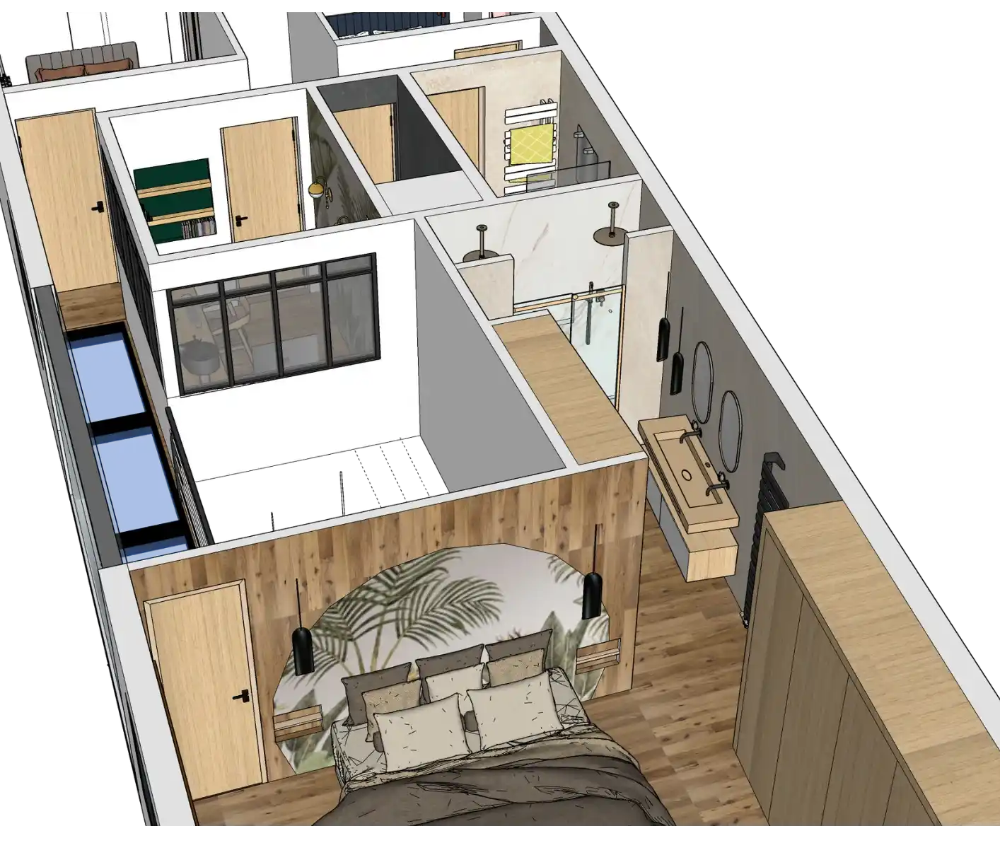 3D top-down view of a modern apartment layout featuring a bedroom with a bed, bedside lamps, wooden wardrobe, and an adjoining bathroom with double sinks and a shower area.