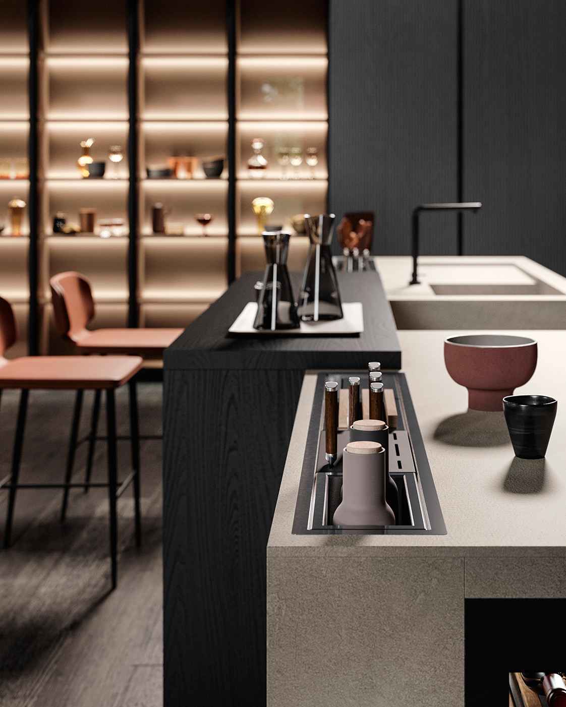Modern white kitchen drawer open showing neatly organized plates and glass jars with pasta.