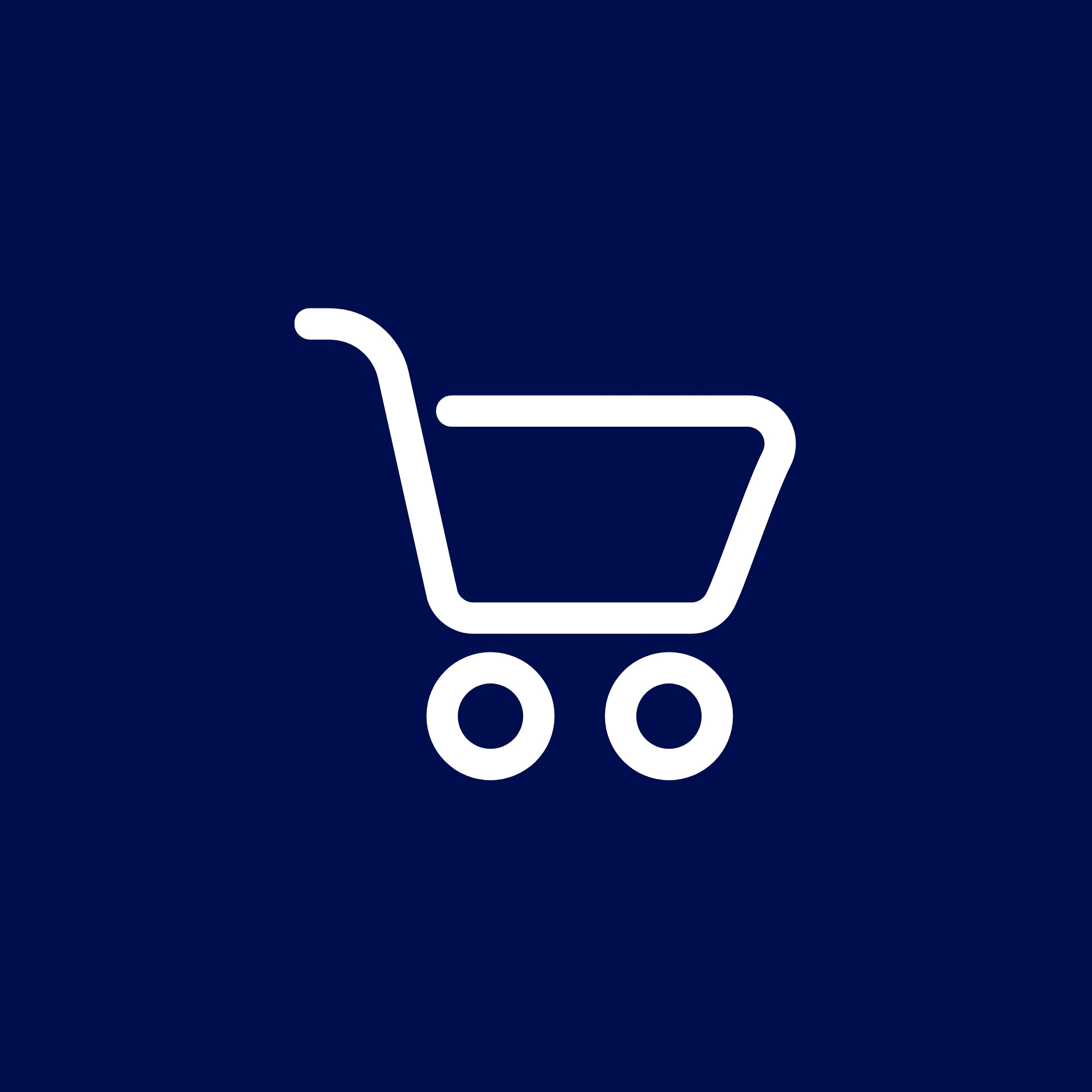 A white shopping card icon on blue background.