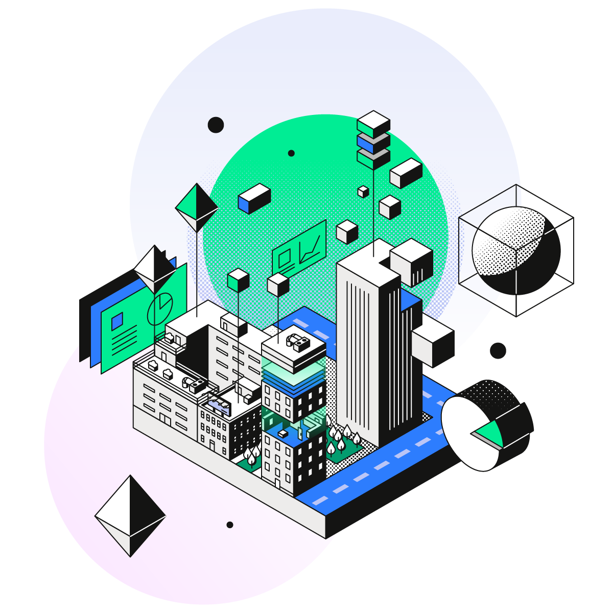Paysage urbain isométrique coloré avec des bâtiments, des cubes flottants, des graphiques et des formes géométriques abstraites, représentant la collecte de données et la cartographie d’informations urbaines.
