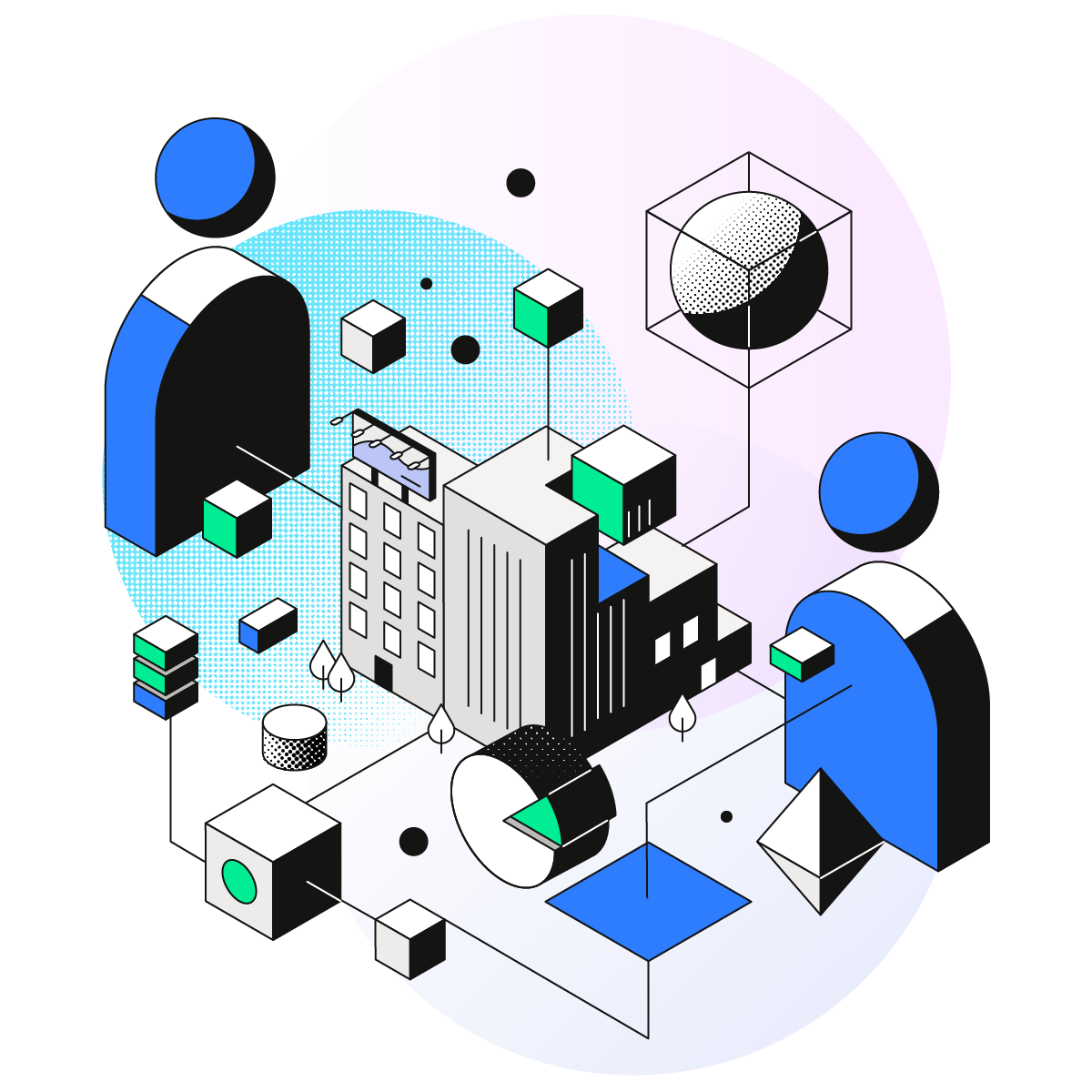 Illustration isométrique abstraite de deux figures humaines stylisées autour d’un paysage urbain central composé de bâtiments, de cubes et de formes géométriques évoquant des données, symbolisant la collaboration et le partage d’informations.