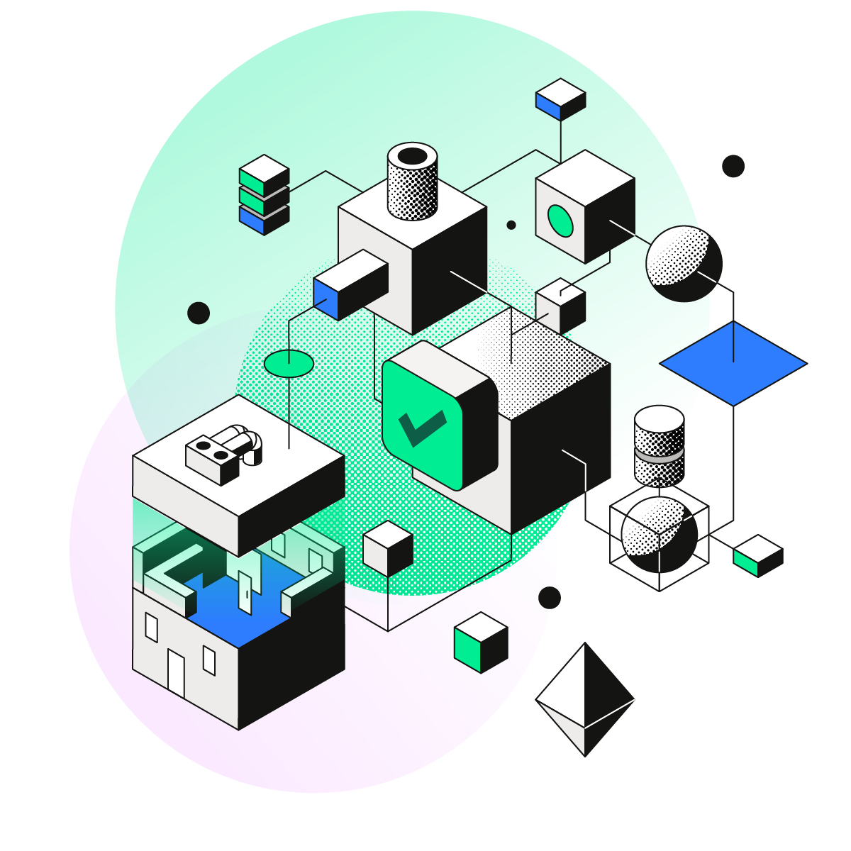 Scène isométrique abstraite avec des cubes interconnectés, des coches, des bâtiments et des formes 3D, symbolisant la fiabilité, les systèmes sécurisés et une infrastructure robuste.