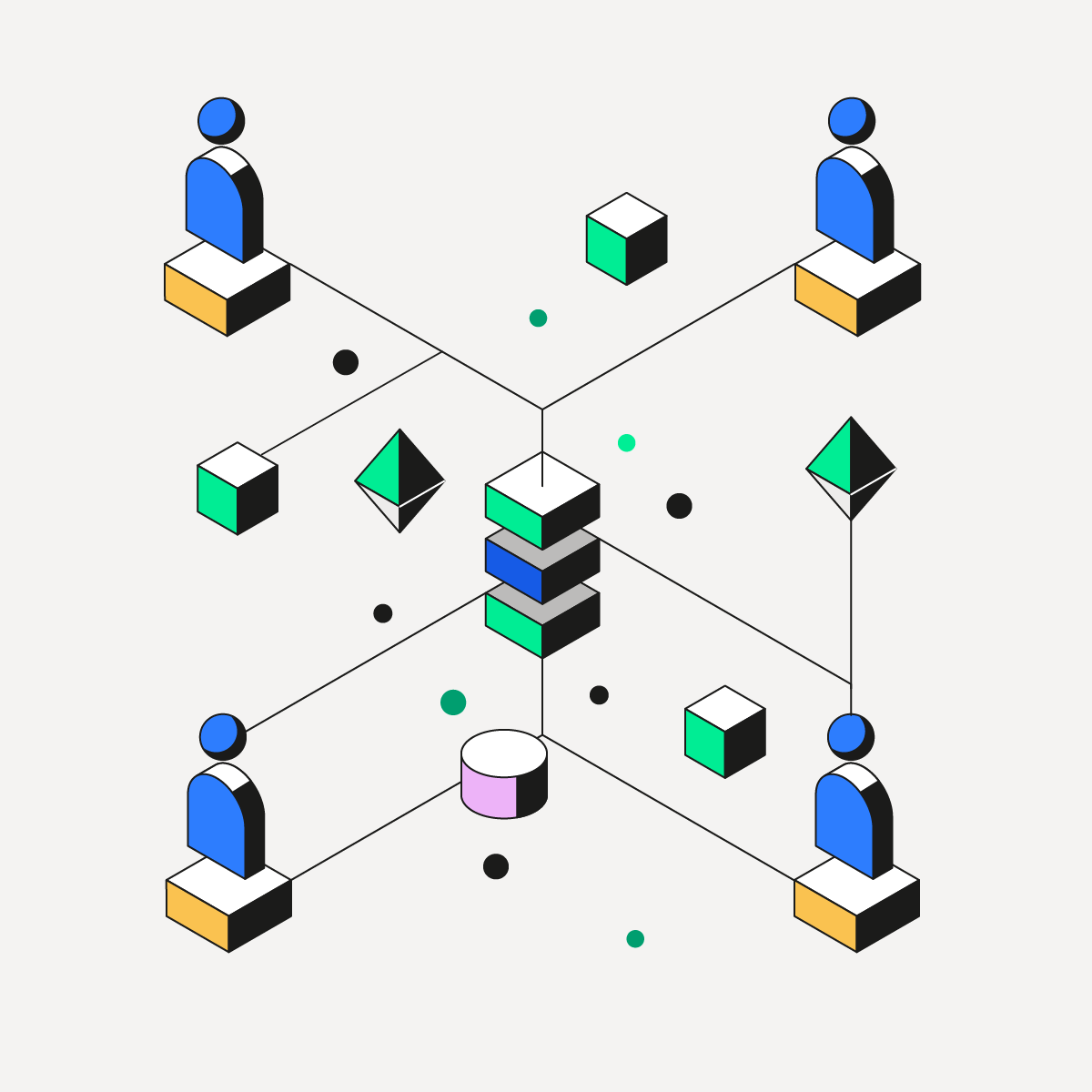 Illustration de personnes connectées par des données partagées, symbolisant la collaboration et l’échange d’informations en temps réel.