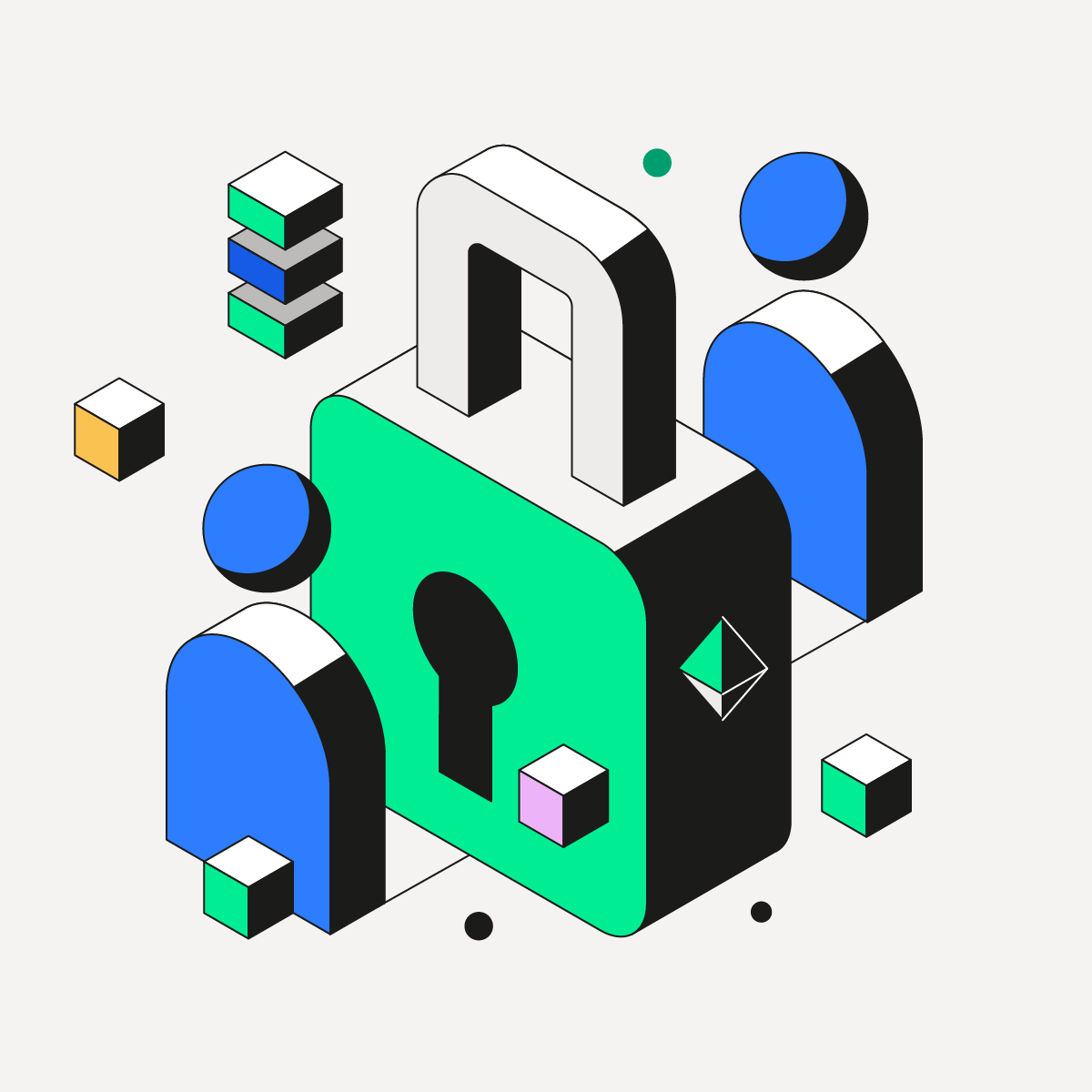 Illustration d’utilisateurs partageant et échangeant des données sous forme de cadenas entre eux, symbolisant l’échange sécurisé.