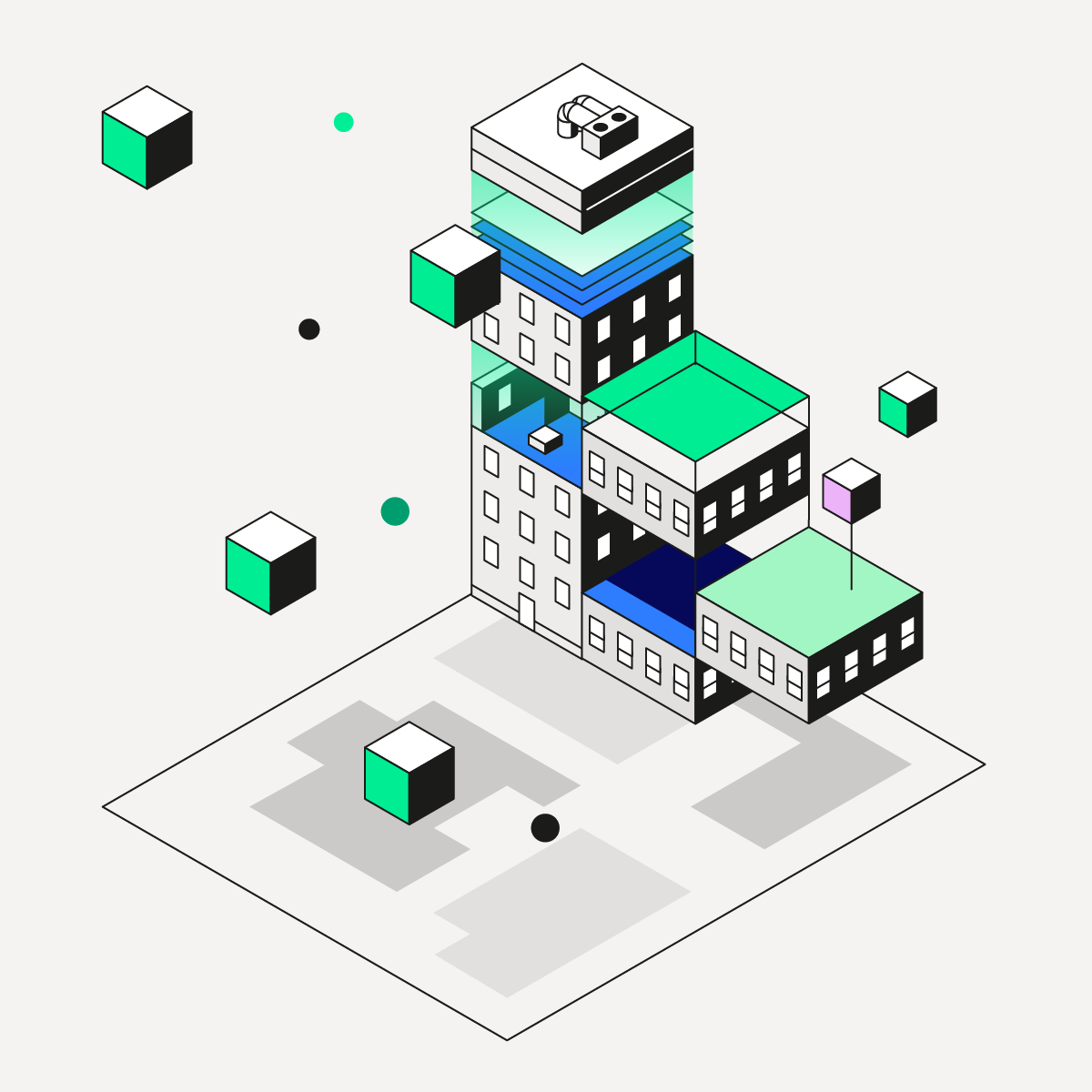 Illustration de la collecte de données dans un plan de bâtiment et d’un bâtiment isométrique en 3D.