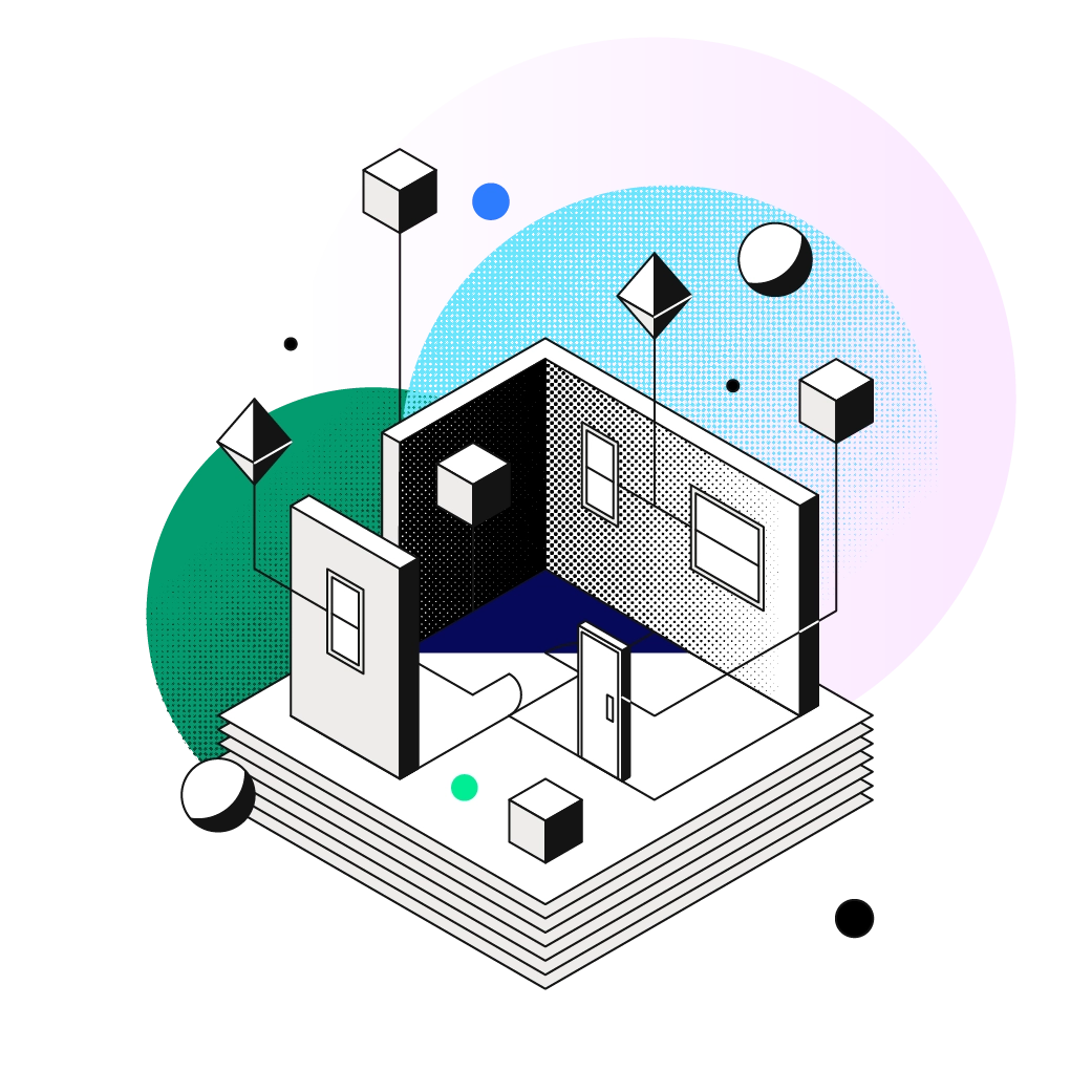 Illustration isométrique d’une maquette de bâtiment connectée, avec des cubes reliés par des lignes symbolisant l’échange de données et l’intégration numérique.