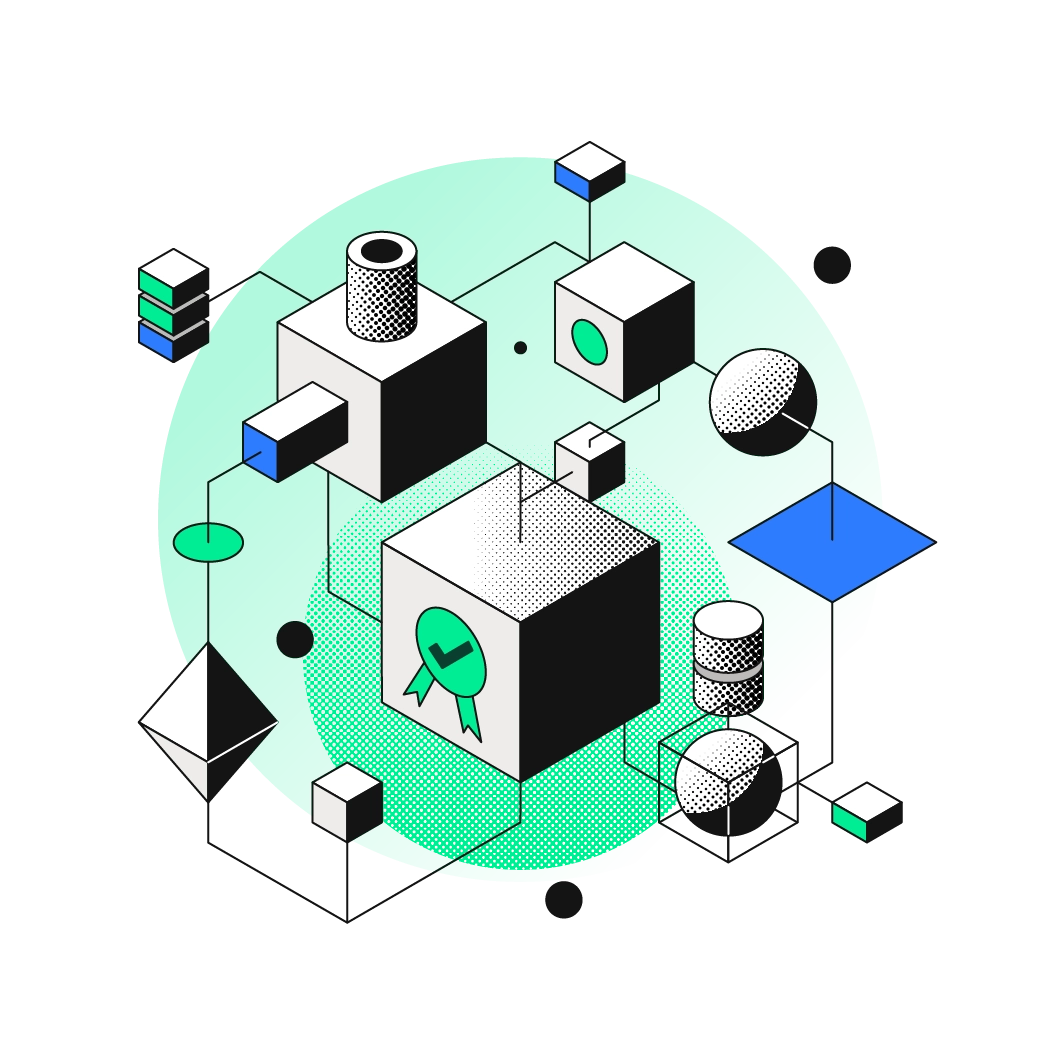 Illustration isométrique abstraite de cubes et de formes géométriques interconnectées, représentant un réseau de données, la certification et l’intégration d’informations dans une plateforme.