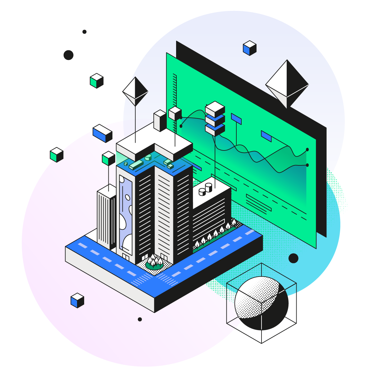 Une illustration isométrique d’un îlot urbain représentant un immeuble de bureaux