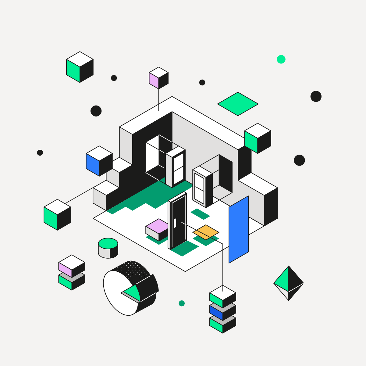 Illustration isométrique représentant un espace structuré avec des éléments géométriques, symbolisant différentes données, pour faciliter l’élaboration d’un plan pluriannuel de travaux plus fluide.