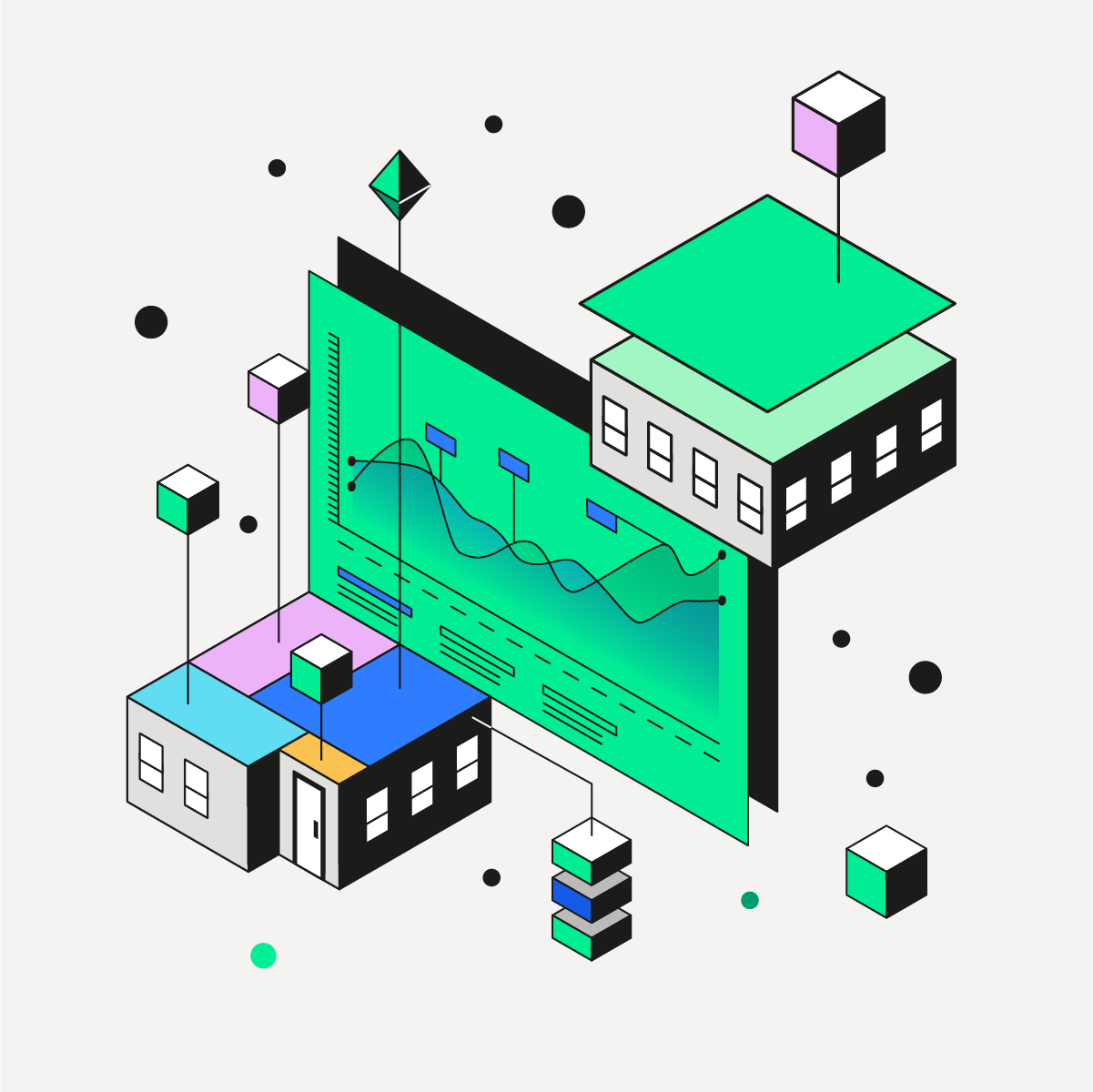 Illustration isométrique d’un écran avec graphiques et bâtiments stylisés, représentant l’analyse, la visualisation et l’exploitation des données pour la prise de décision.