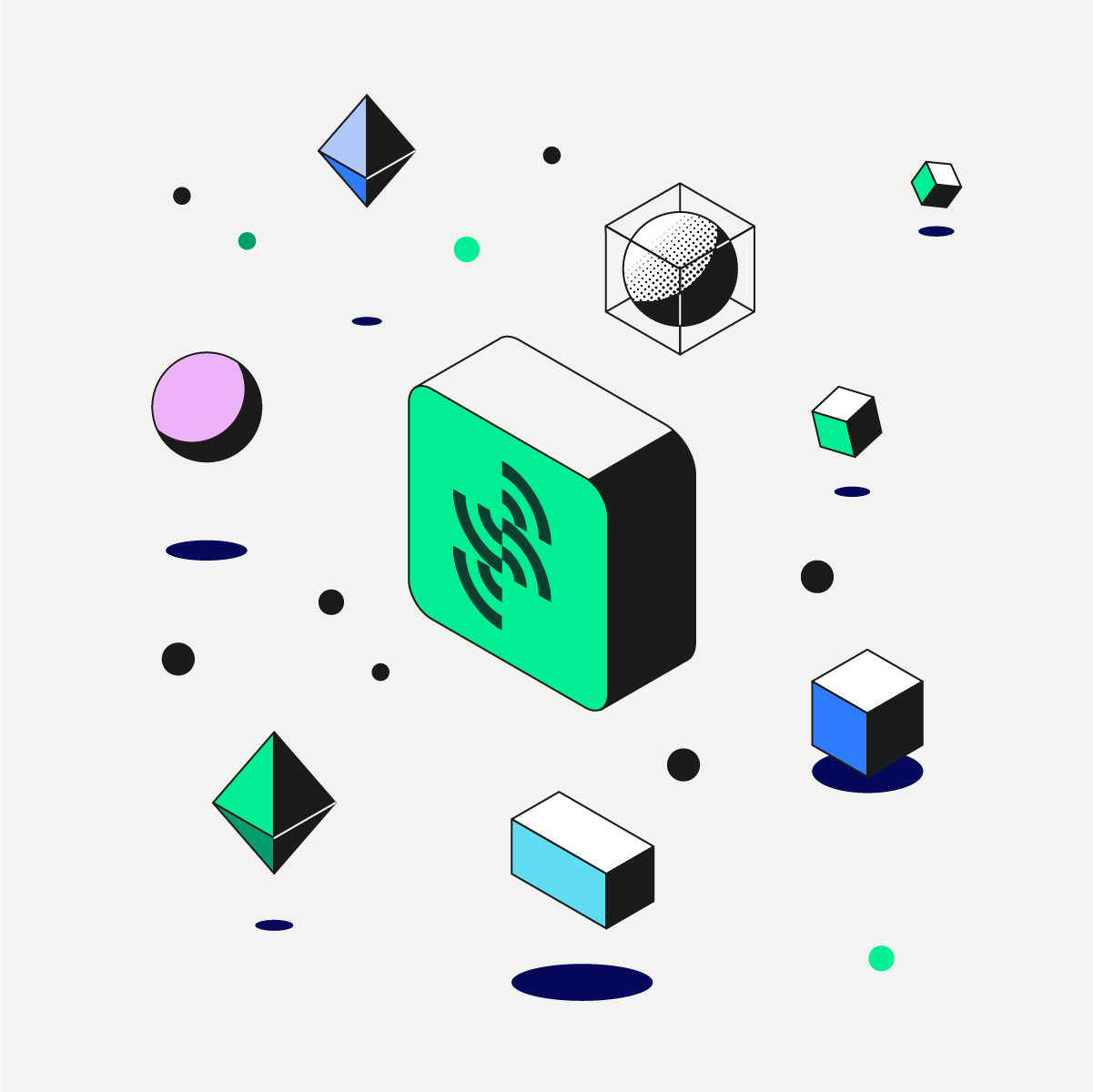 Illustration isométrique abstraite représentant une solution d’entreprise, avec des formes géométriques colorées symbolisant différentes perspectives et approches.