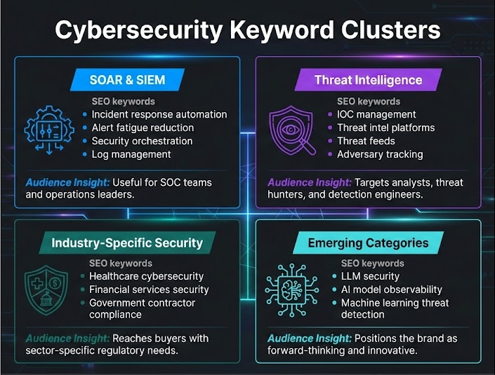 Four cybersecurity SEO keyword clusters: SOAR & SIEM, threat intelligence, industry-specific security, and emerging categories