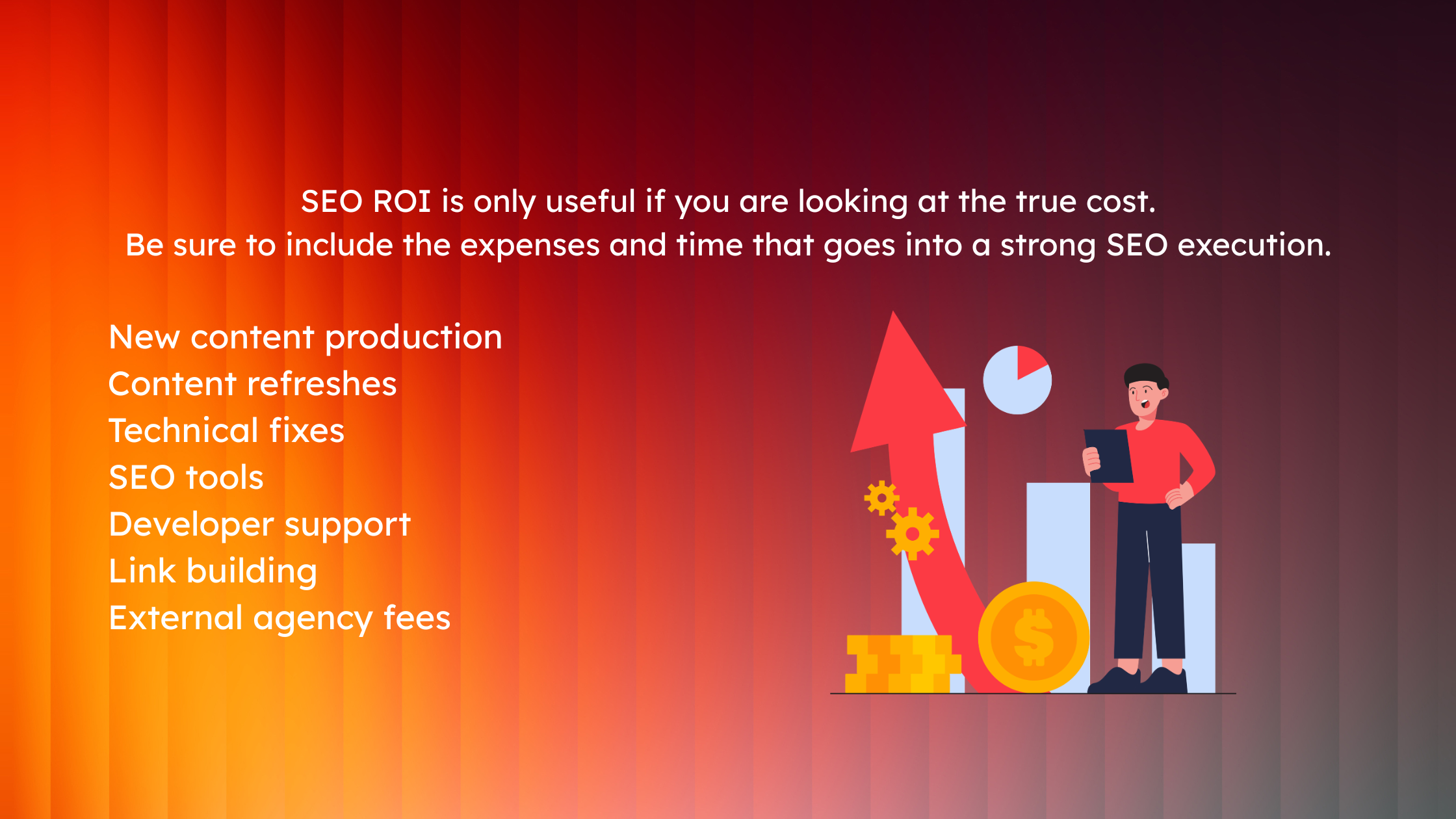 Infographic showing what goes into a strong SEO strategy in terms of tools and time. This way, you can properly calculate the ROI of your SEO paln.