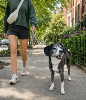 Dog walking with owner down a city street