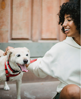 Smiling woman with curly hair wearing a white sweatshirt petting a small white dog with a red harness, both sitting outdoors in front of a door.