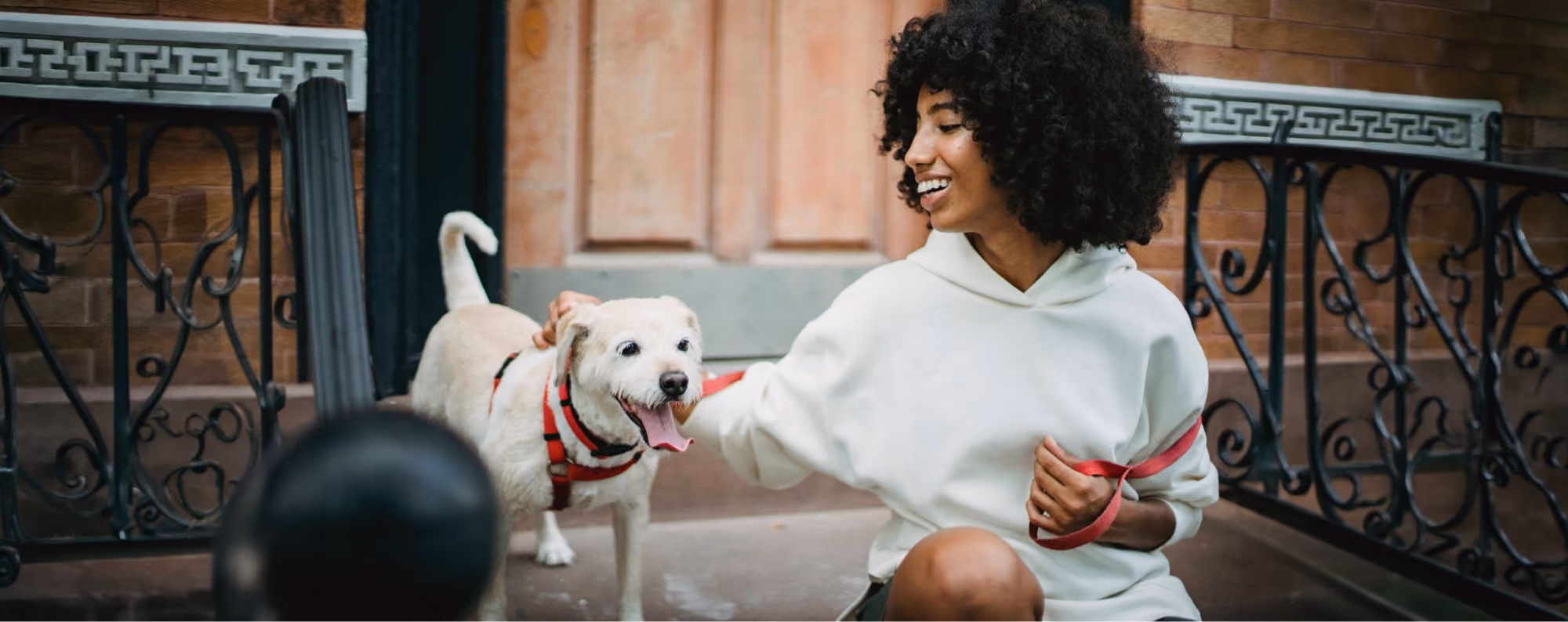 A smiling woman with curly hair wearing a white hoodie sitting on outdoor stairs petting a happy small white dog in a red harness and leash.