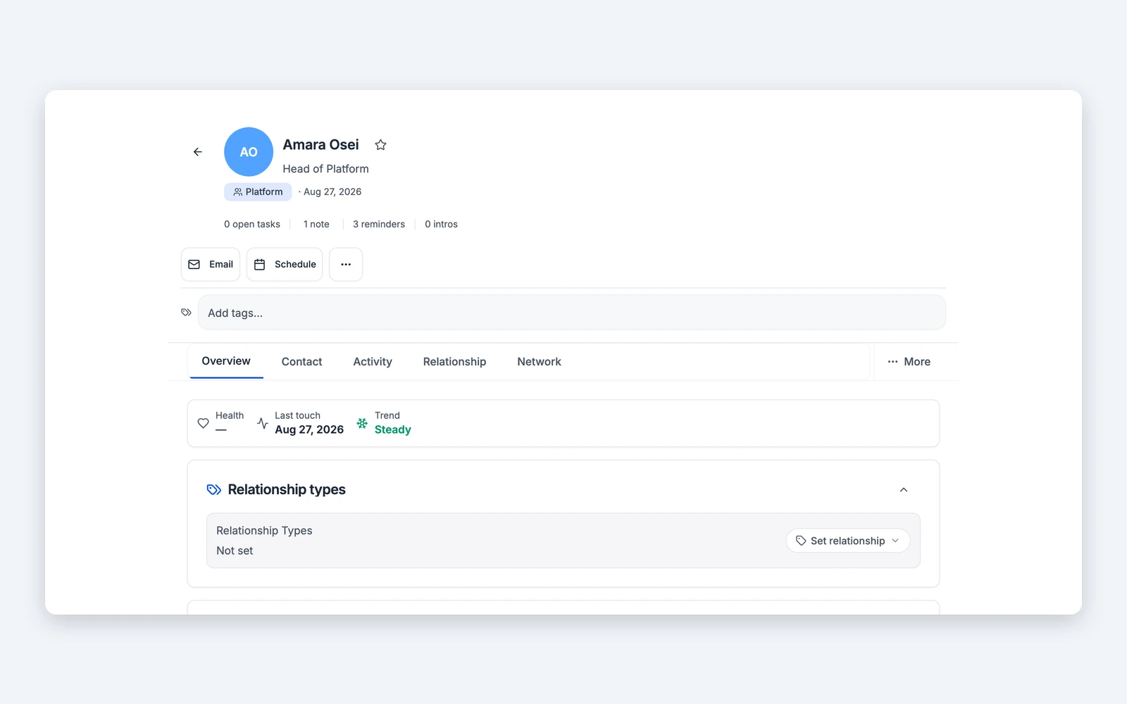 A contact record in Titen with notes, reminders, introductions and the last contact date. Illustrative data.