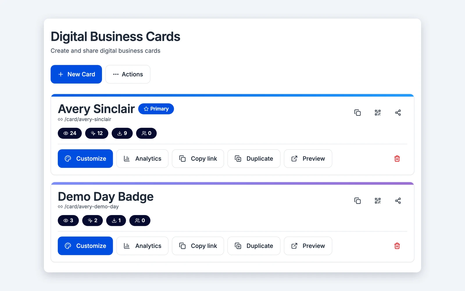 A Titen digital business card with sharing, lead capture and view counts. Illustrative data.