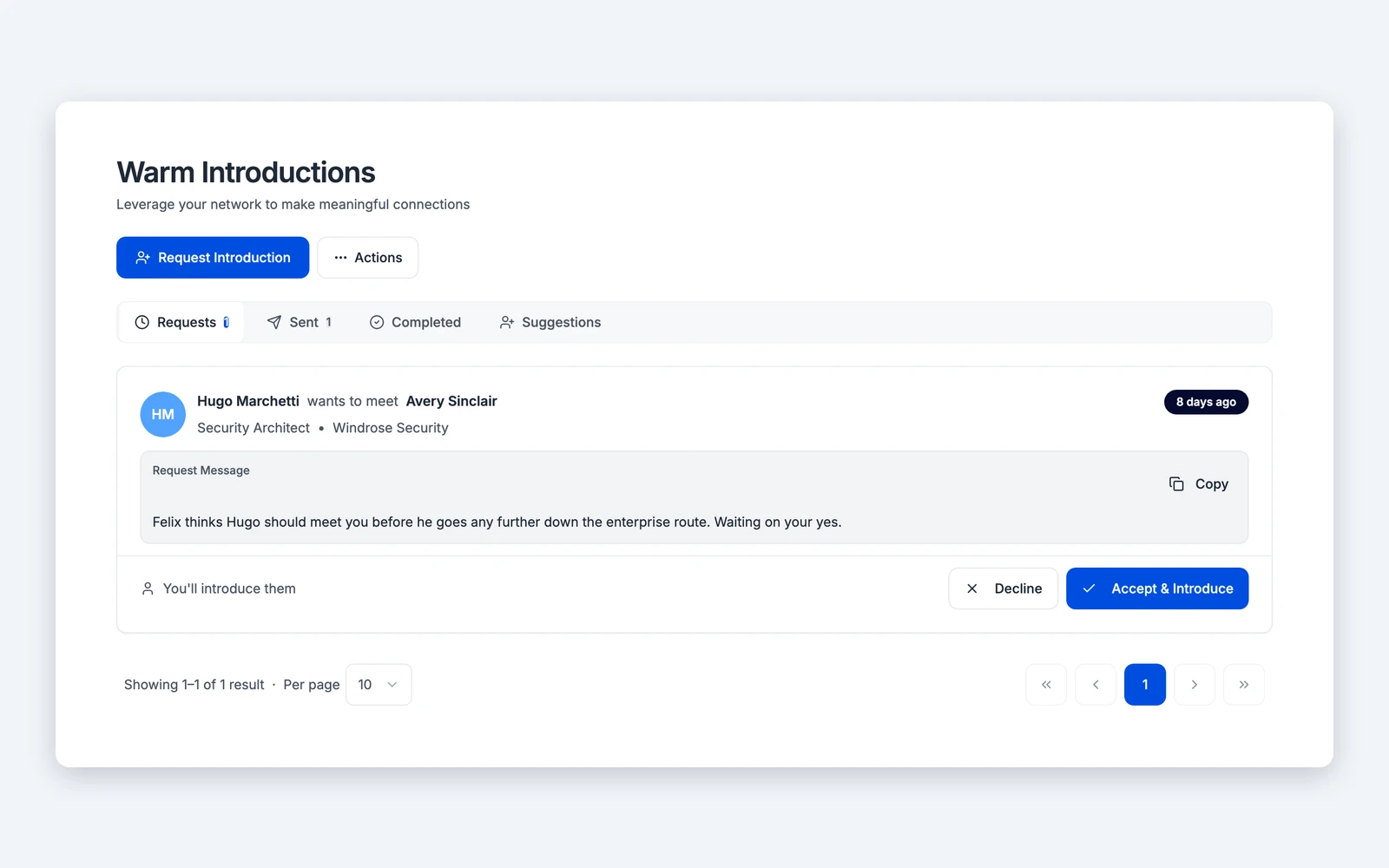 Warm introduction paths in Titen showing who can connect a founder to the right person. Illustrative data.