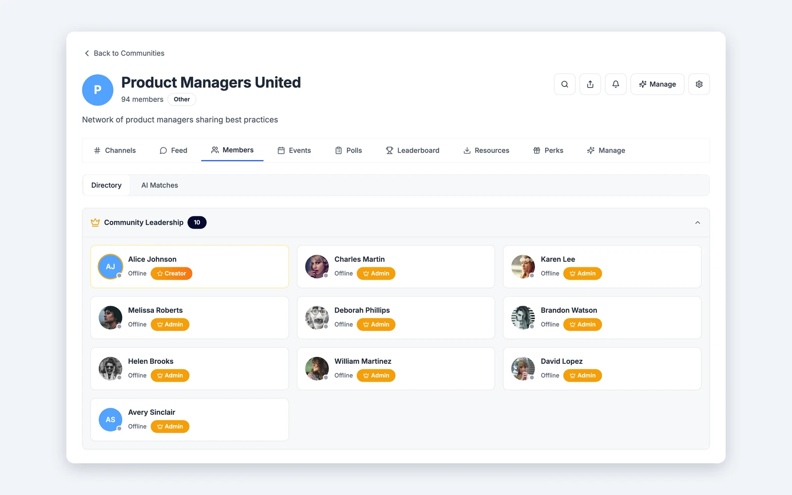 A community member directory in Titen with member cards, roles and filters. Illustrative data.