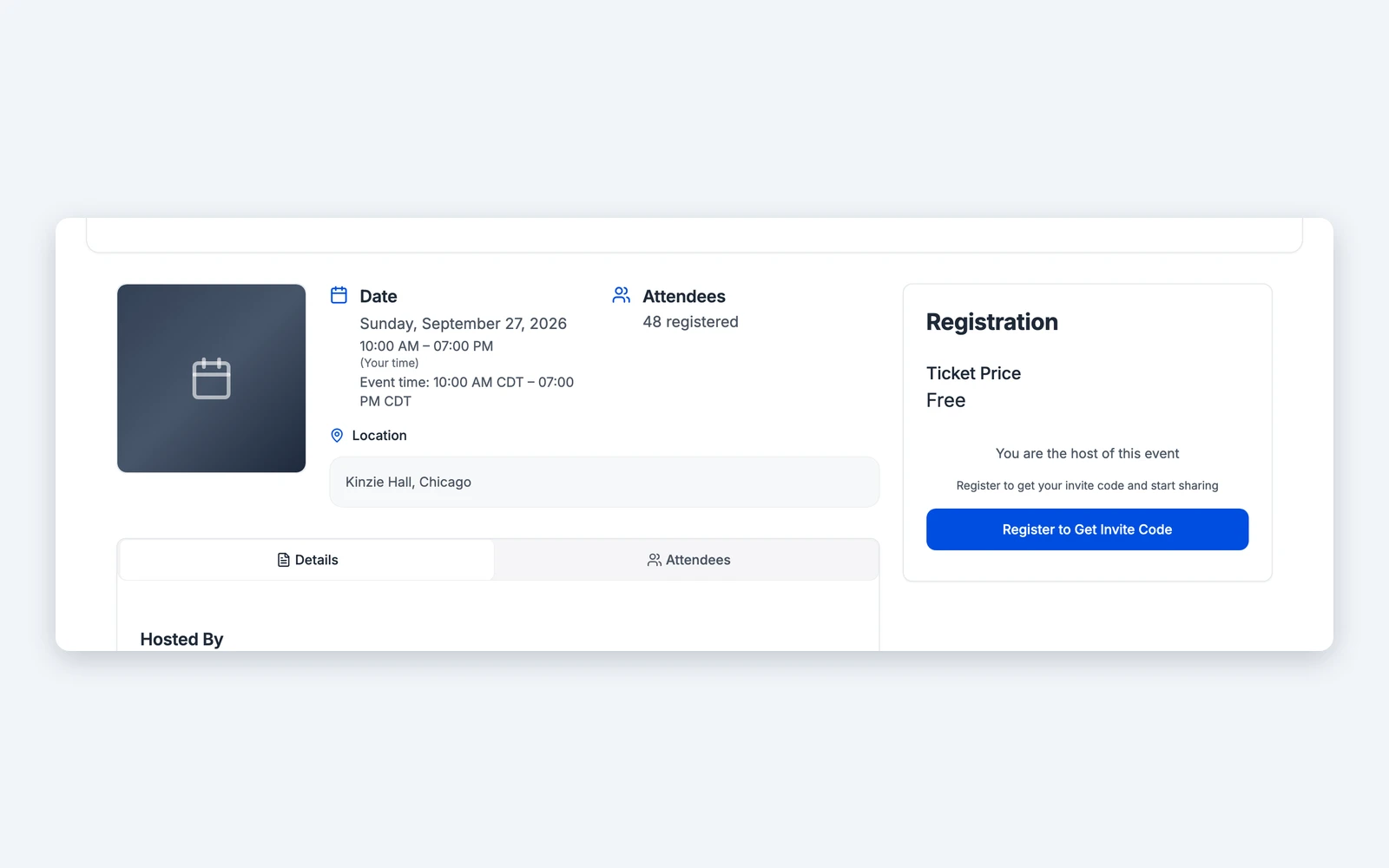 An event page in Titen showing date, venue, registered attendee count and registration. Illustrative data.