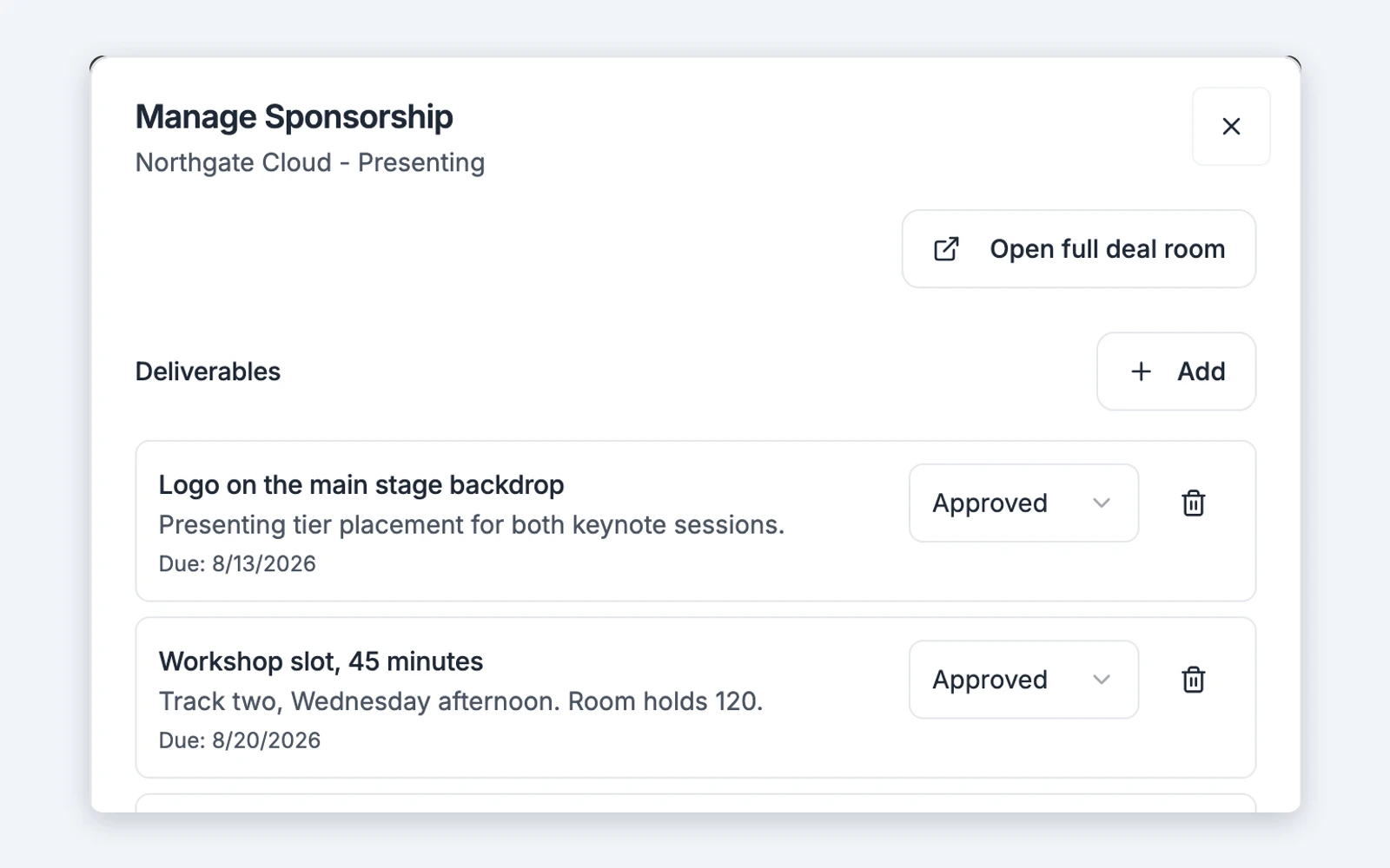 Sponsorship deliverables in Titen with due dates and approved, submitted or pending status. Illustrative data.