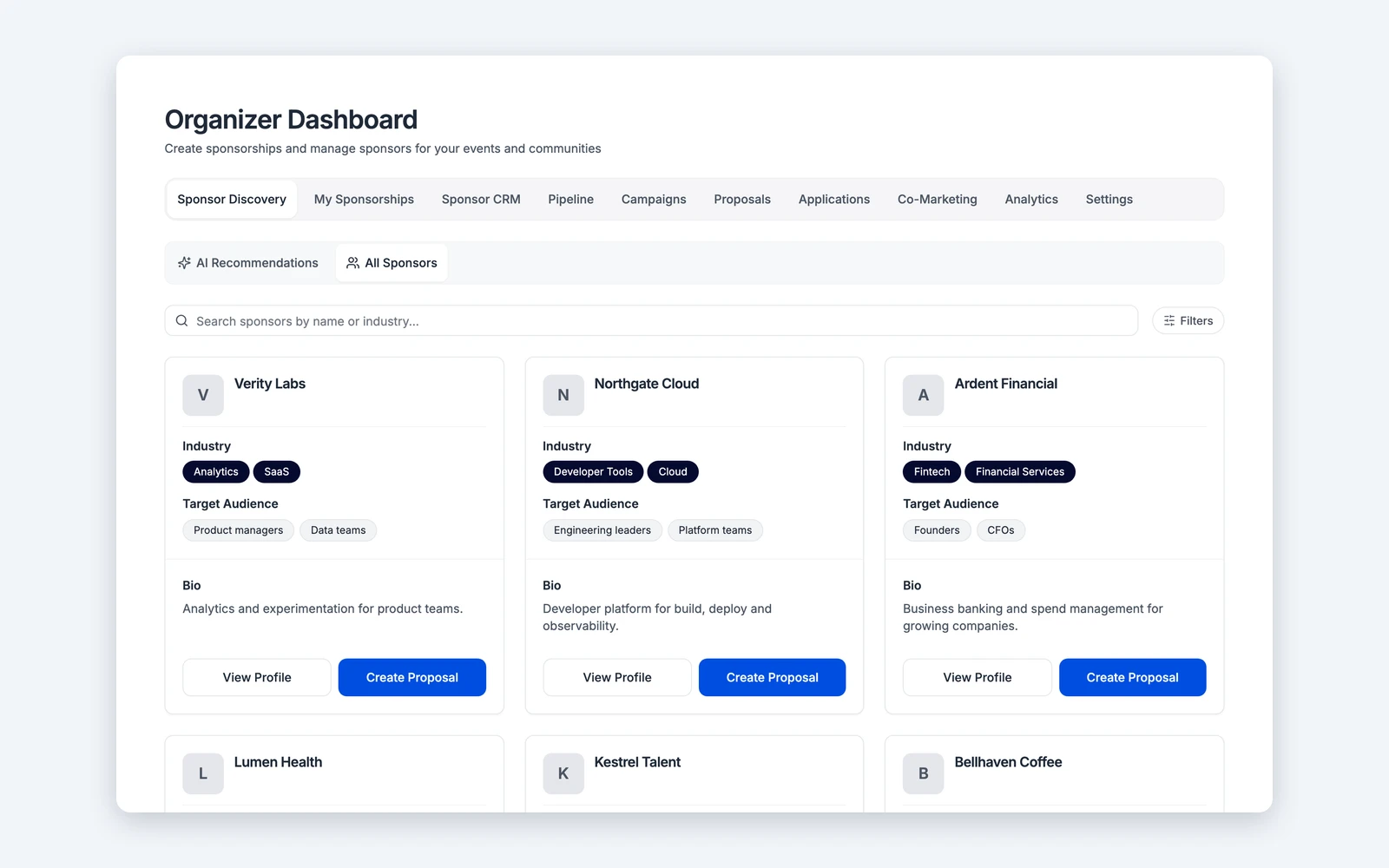 Sponsor discovery in Titen: sponsor cards showing industry, target audience and a short bio, each with a create proposal action. Illustrative data.