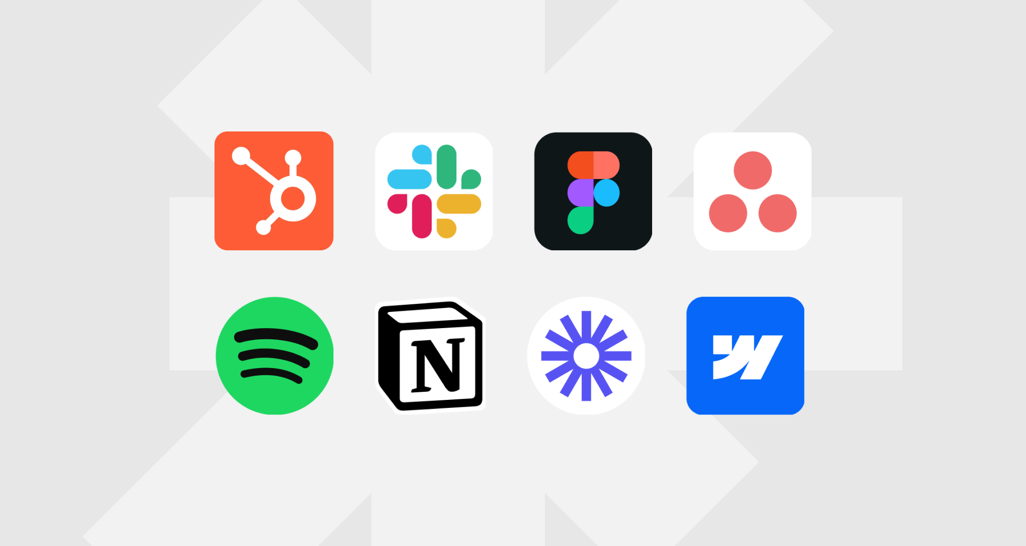 A grid of nine colorful app logos on a light gray background, including HubSpot, Slack, Figma, Asana, Spotify, Notion, Loom, and Webflow.
