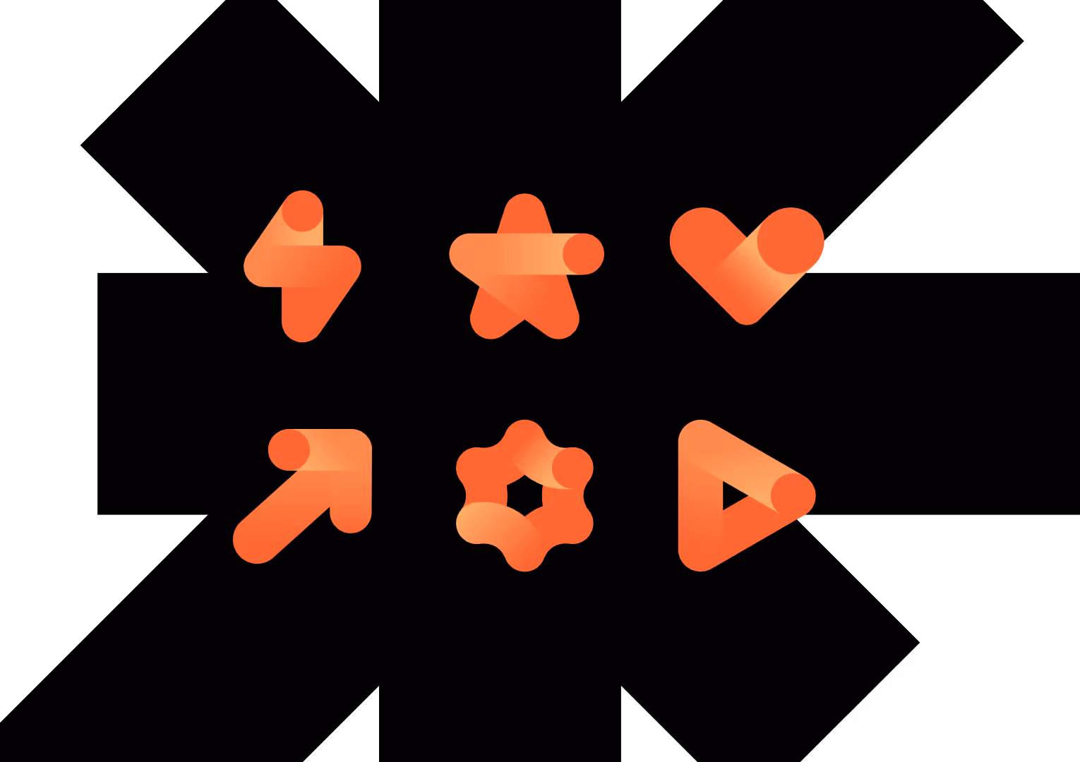 Stylized orange icons arranged in a grid—featuring geometric and abstract forms such as a star, heart, arrow, and gear—all rendered in a soft gradient style.
